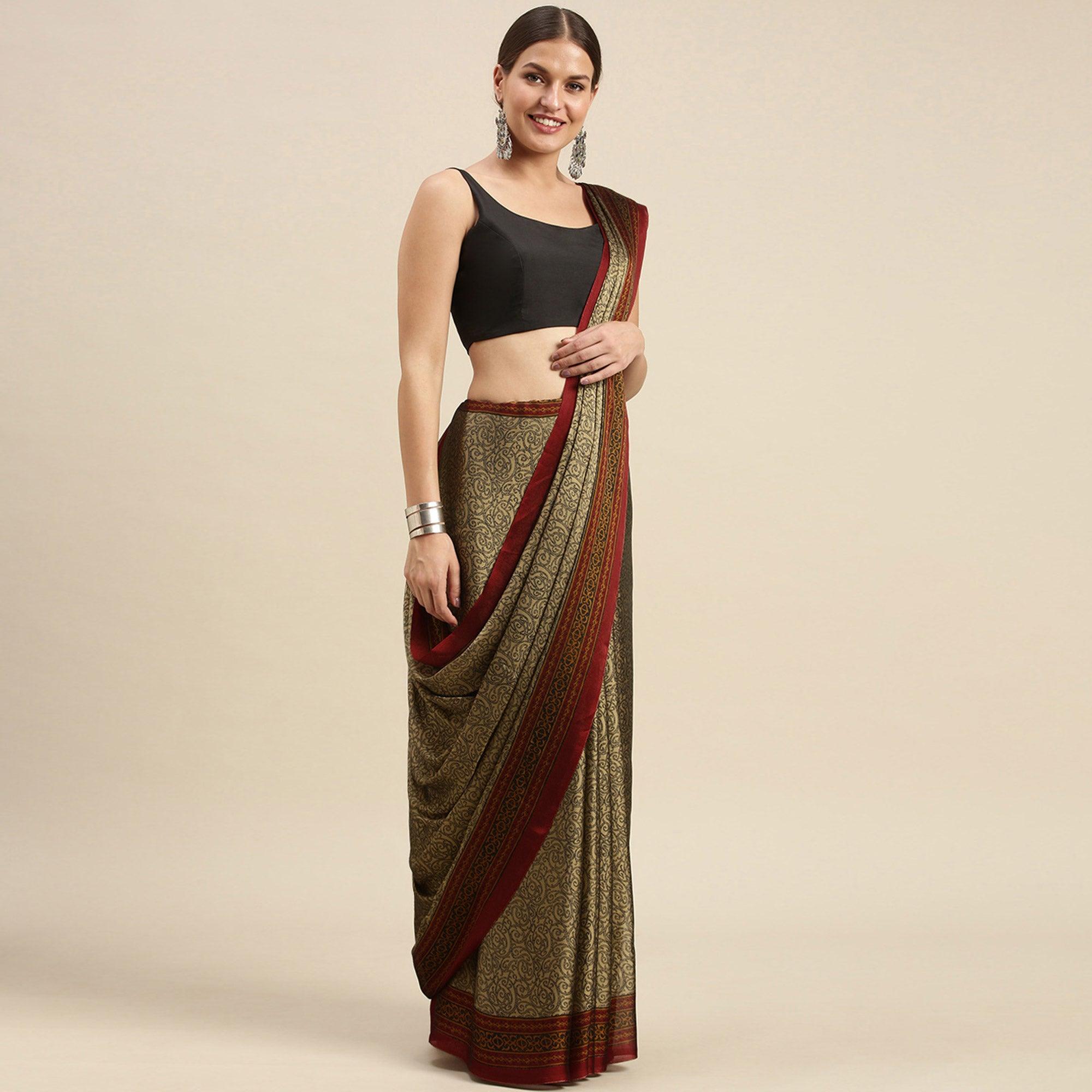 Beige Casual Wear Printed Art Silk Saree - Peachmode