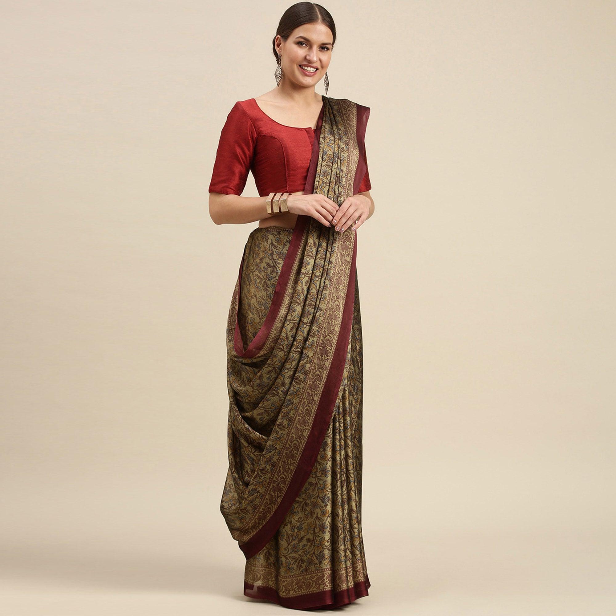 Beige Casual Wear Printed Art Silk Saree - Peachmode