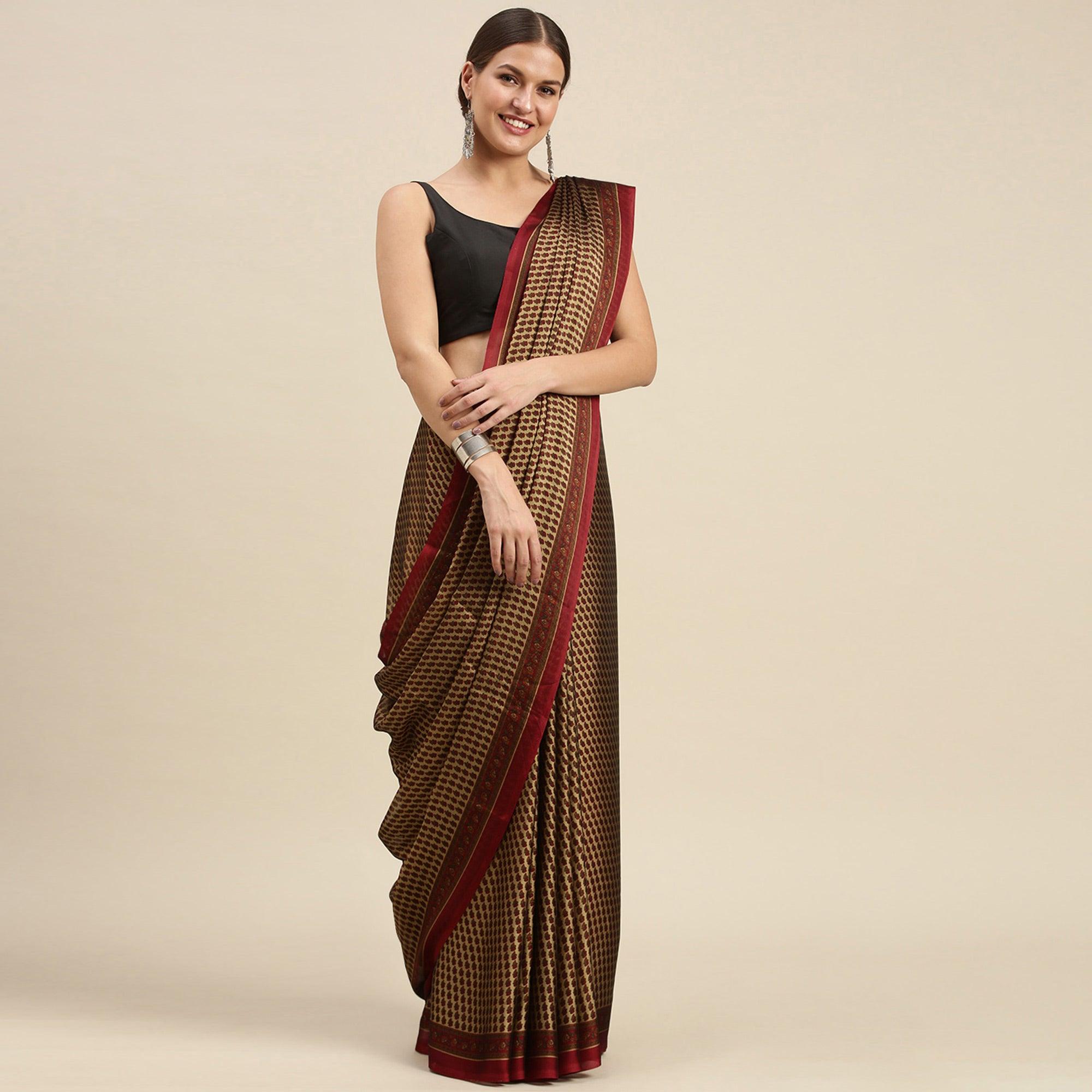 Beige Casual Wear Printed Art Silk Saree - Peachmode