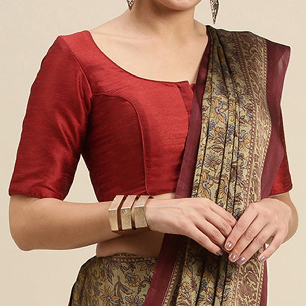 Beige Casual Wear Printed Art Silk Saree - Peachmode