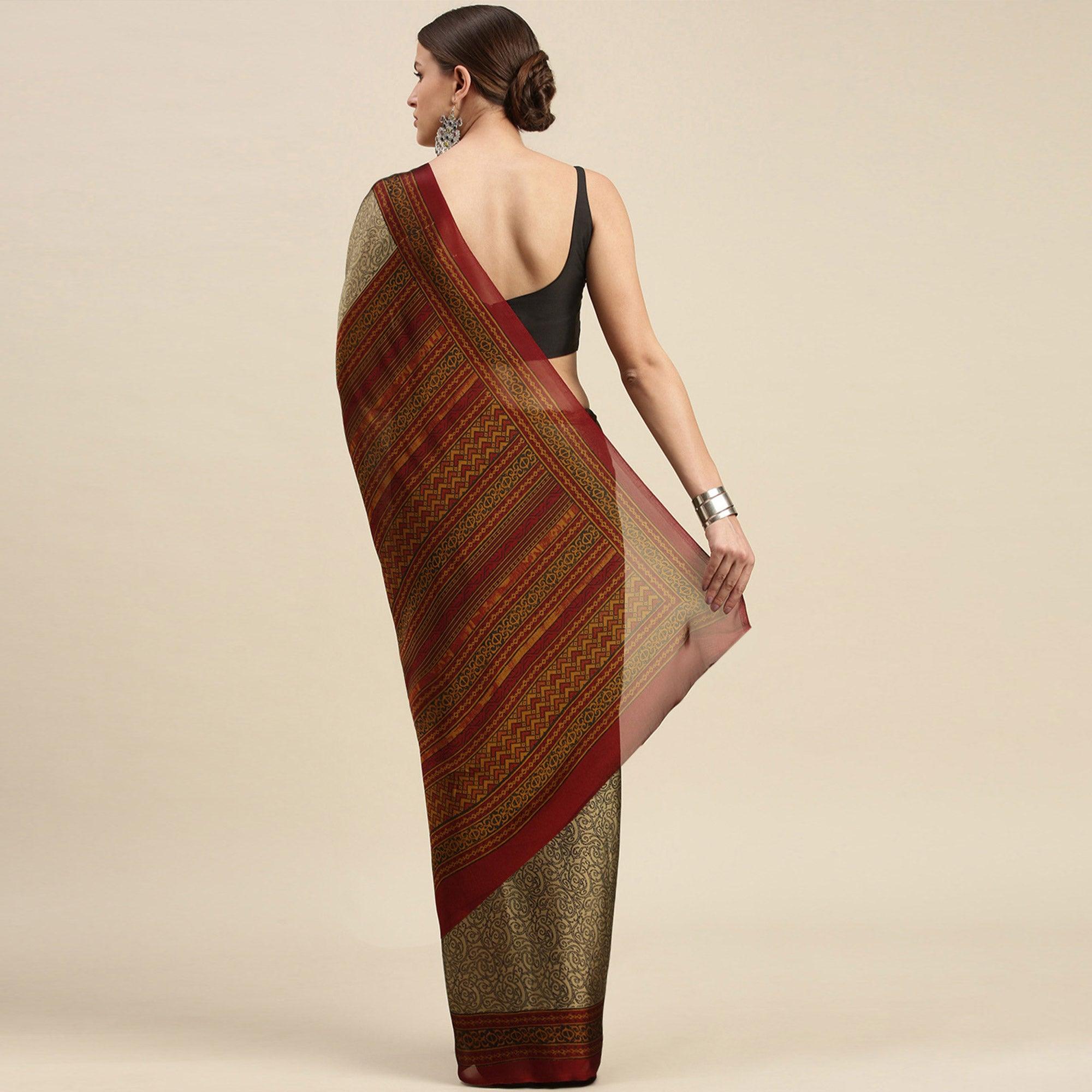 Beige Casual Wear Printed Art Silk Saree - Peachmode