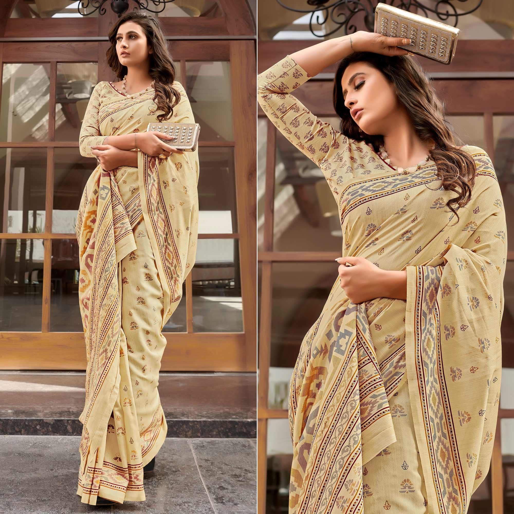 Beige Casual Wear Printed Bhagalpuri Sarees - Peachmode