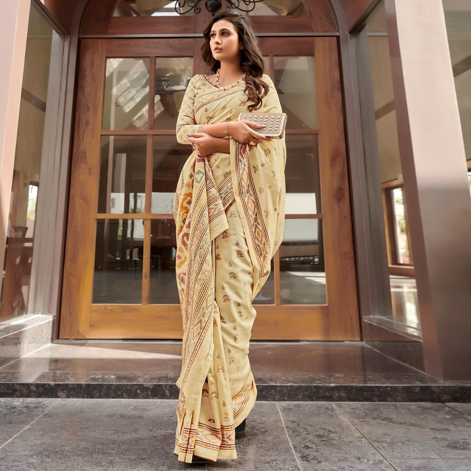 Beige Casual Wear Printed Bhagalpuri Sarees - Peachmode