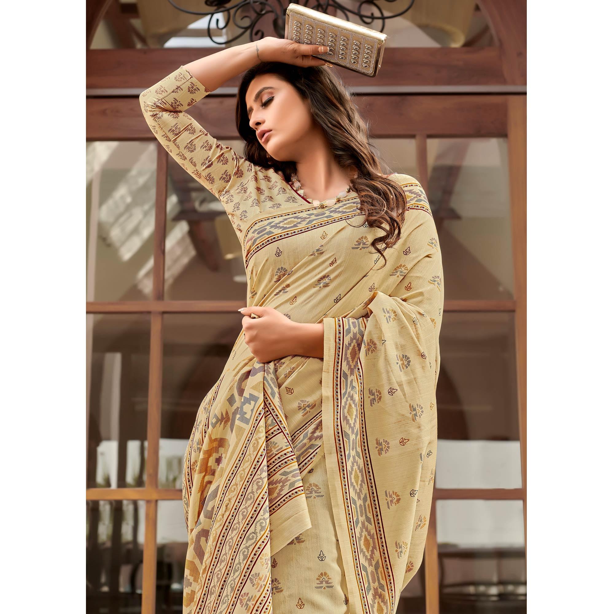 Beige Casual Wear Printed Bhagalpuri Sarees - Peachmode