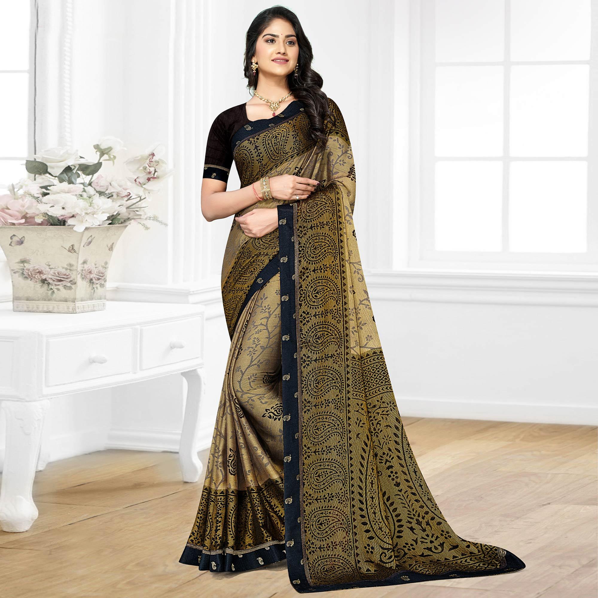 Beige Casual Wear Printed Brasso Chiffon Saree - Peachmode