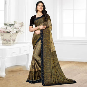 Beige Casual Wear Printed Brasso Chiffon Saree - Peachmode