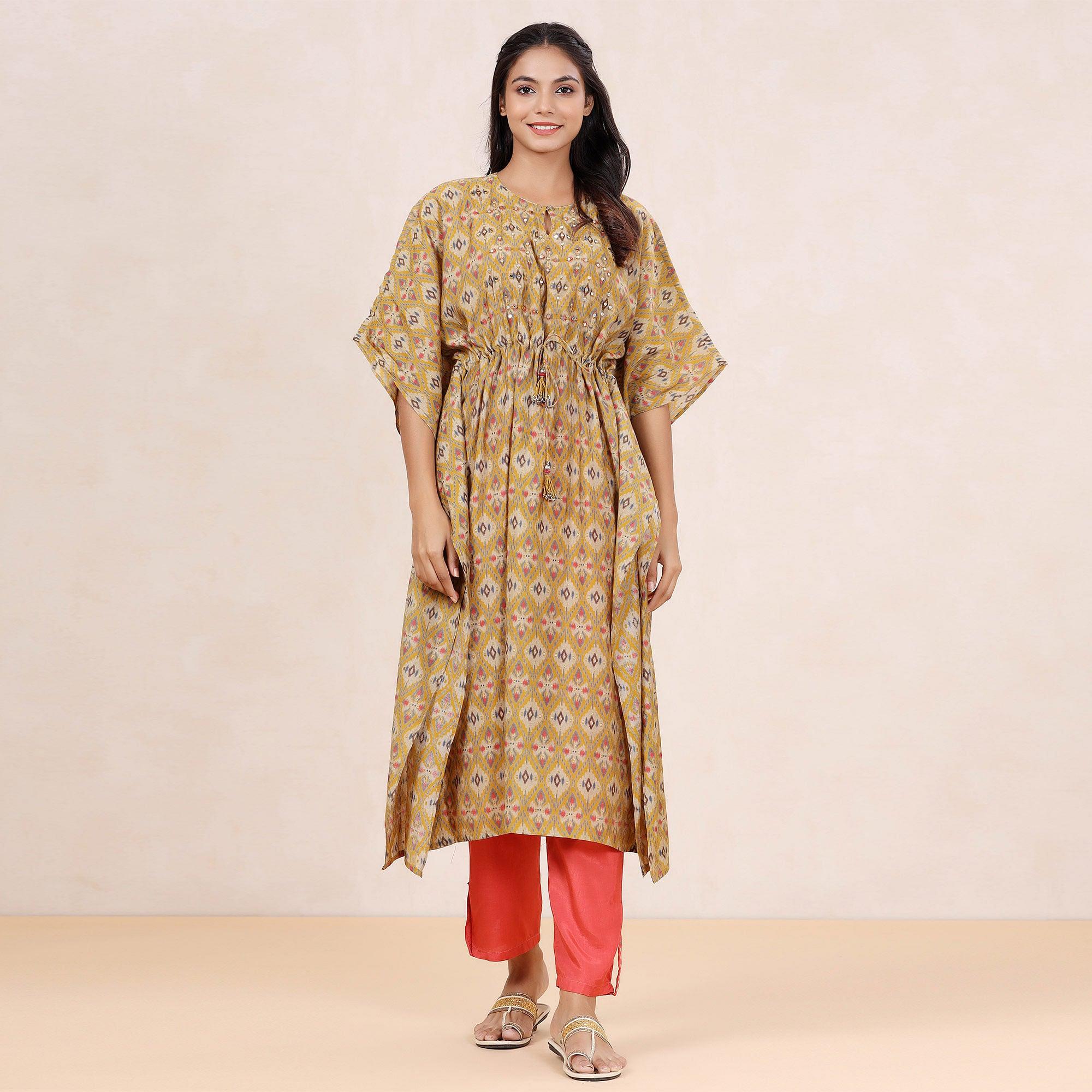 Beige Casual Wear Printed Cotton Kaftan - Pant Set - Peachmode