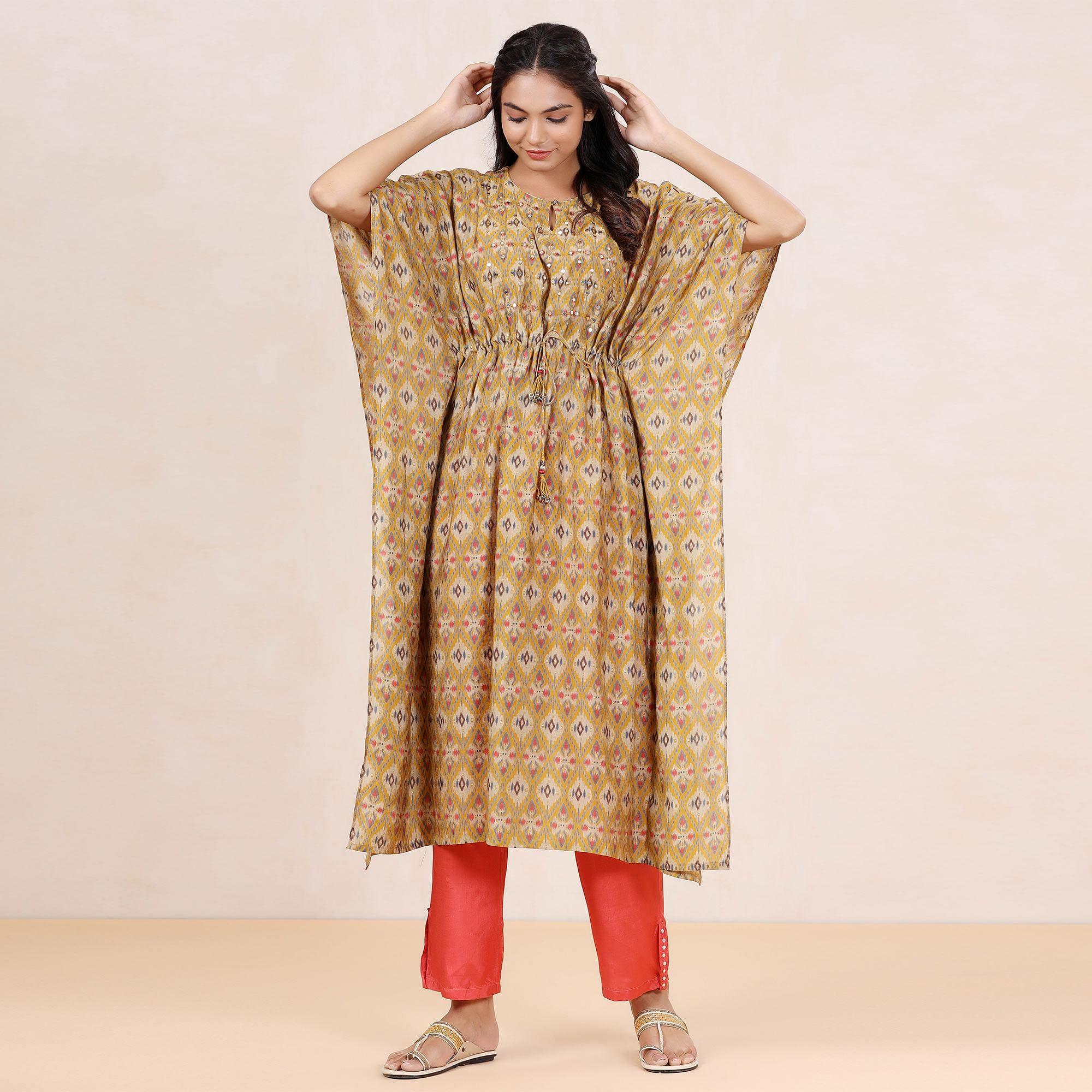 Beige Casual Wear Printed Cotton Kaftan - Pant Set - Peachmode