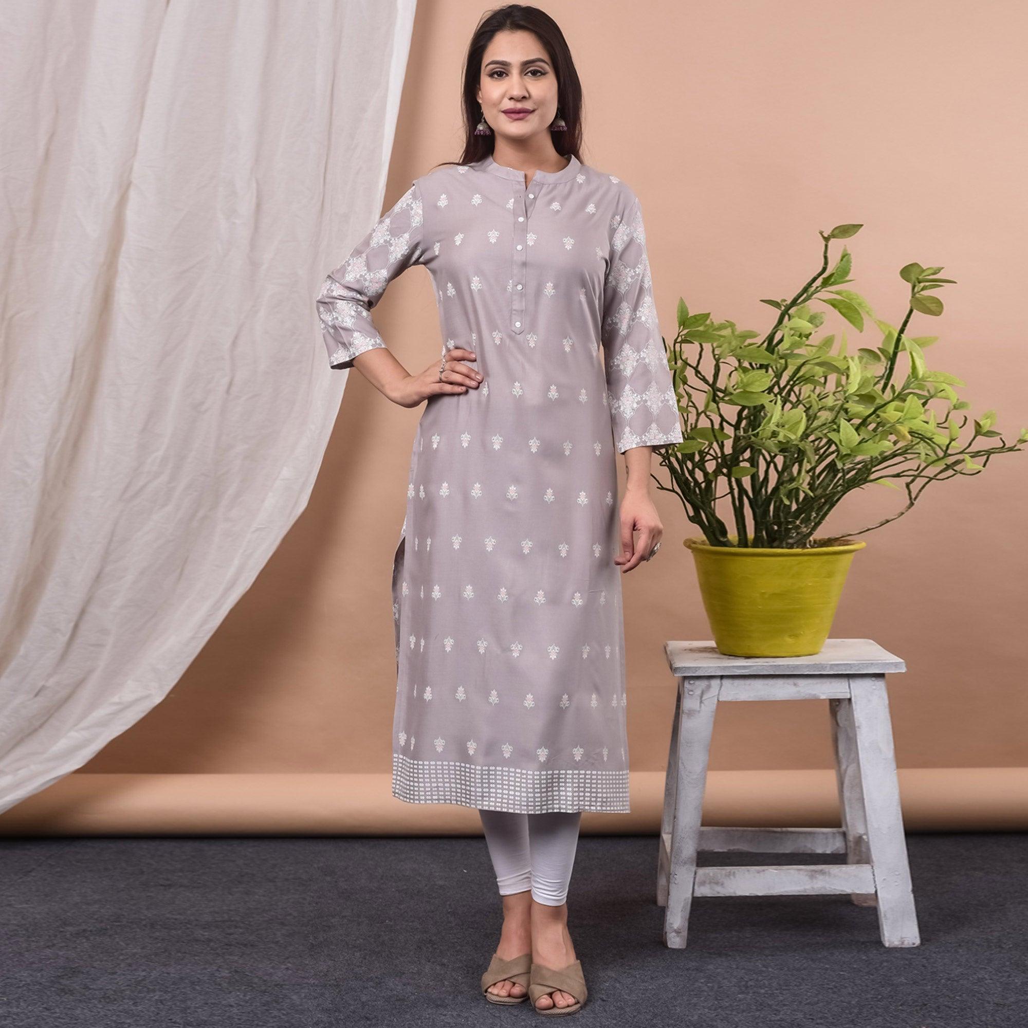 Beige Casual Wear Printed Cotton Kurti - Peachmode