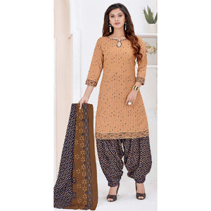 Beige Casual Wear Printed Cotton Patiala Dress Material - Peachmode