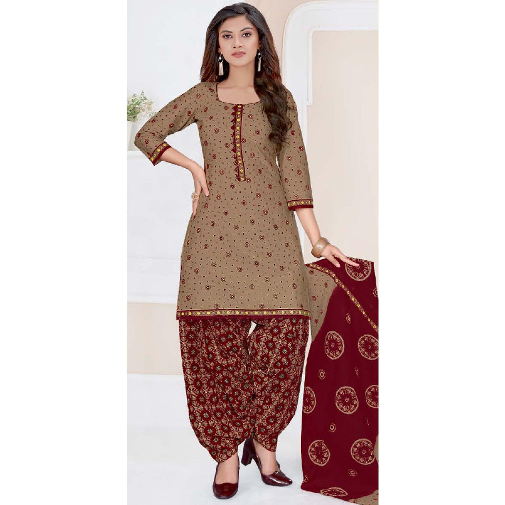 Beige Casual Wear Printed Cotton Patiala Dress Material - Peachmode