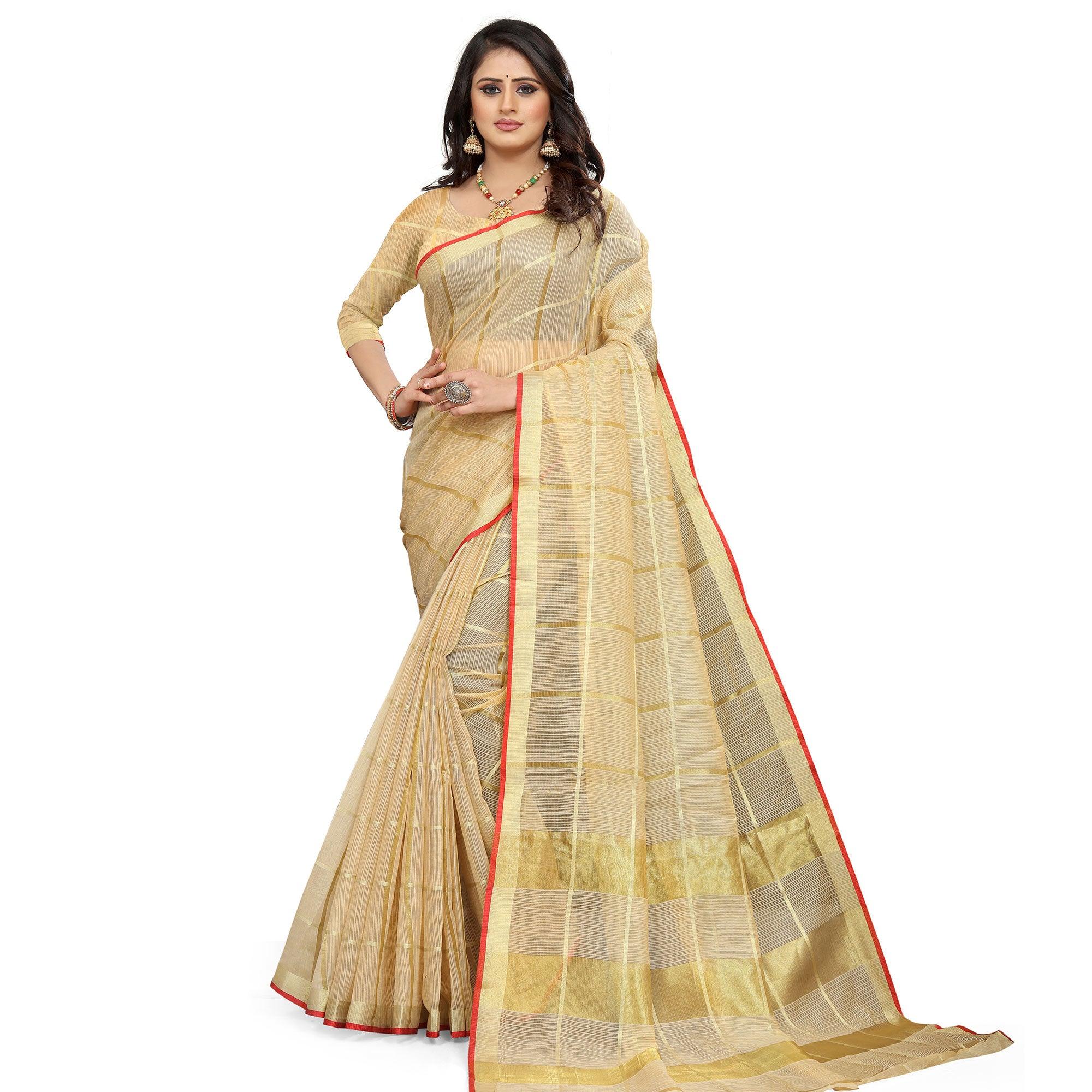 Beige Casual Wear Printed Doriya Cotton Saree - Peachmode