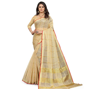 Beige Casual Wear Printed Doriya Cotton Saree - Peachmode