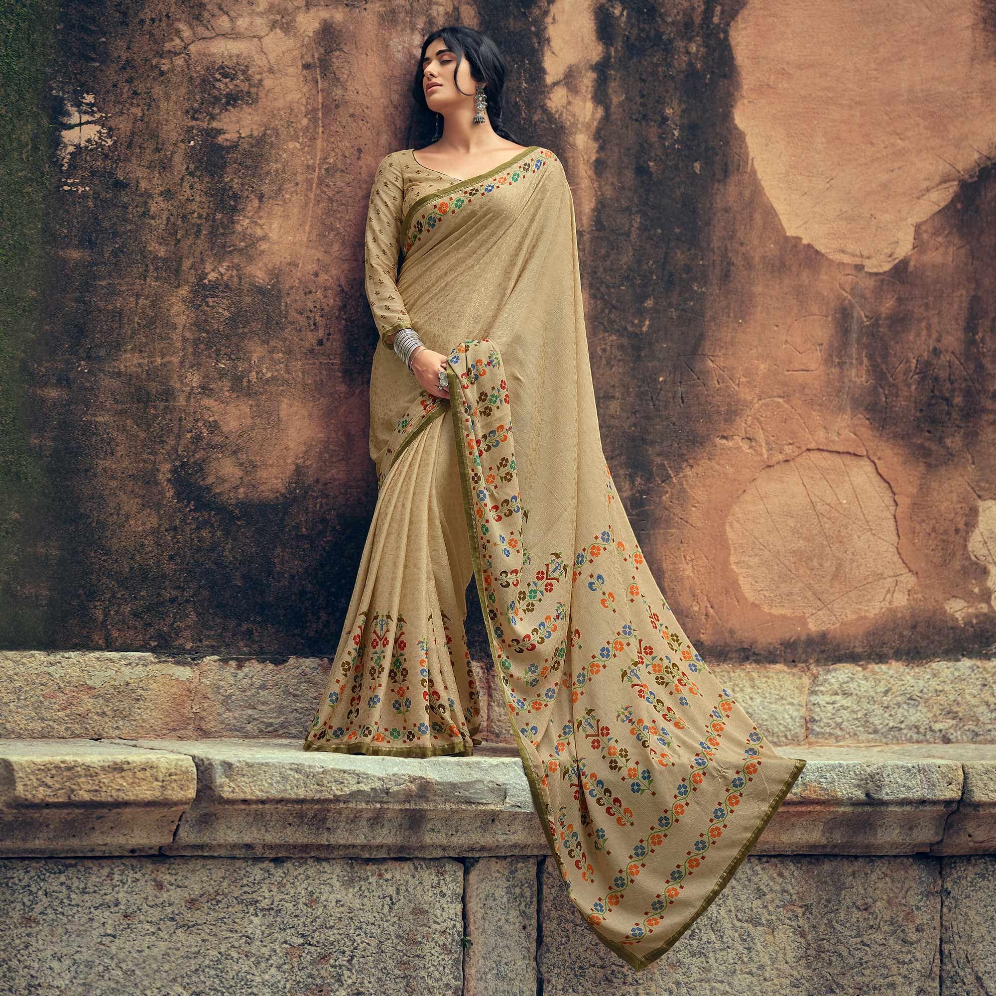 Beige Casual Wear Printed Pure Silk Saree - Peachmode