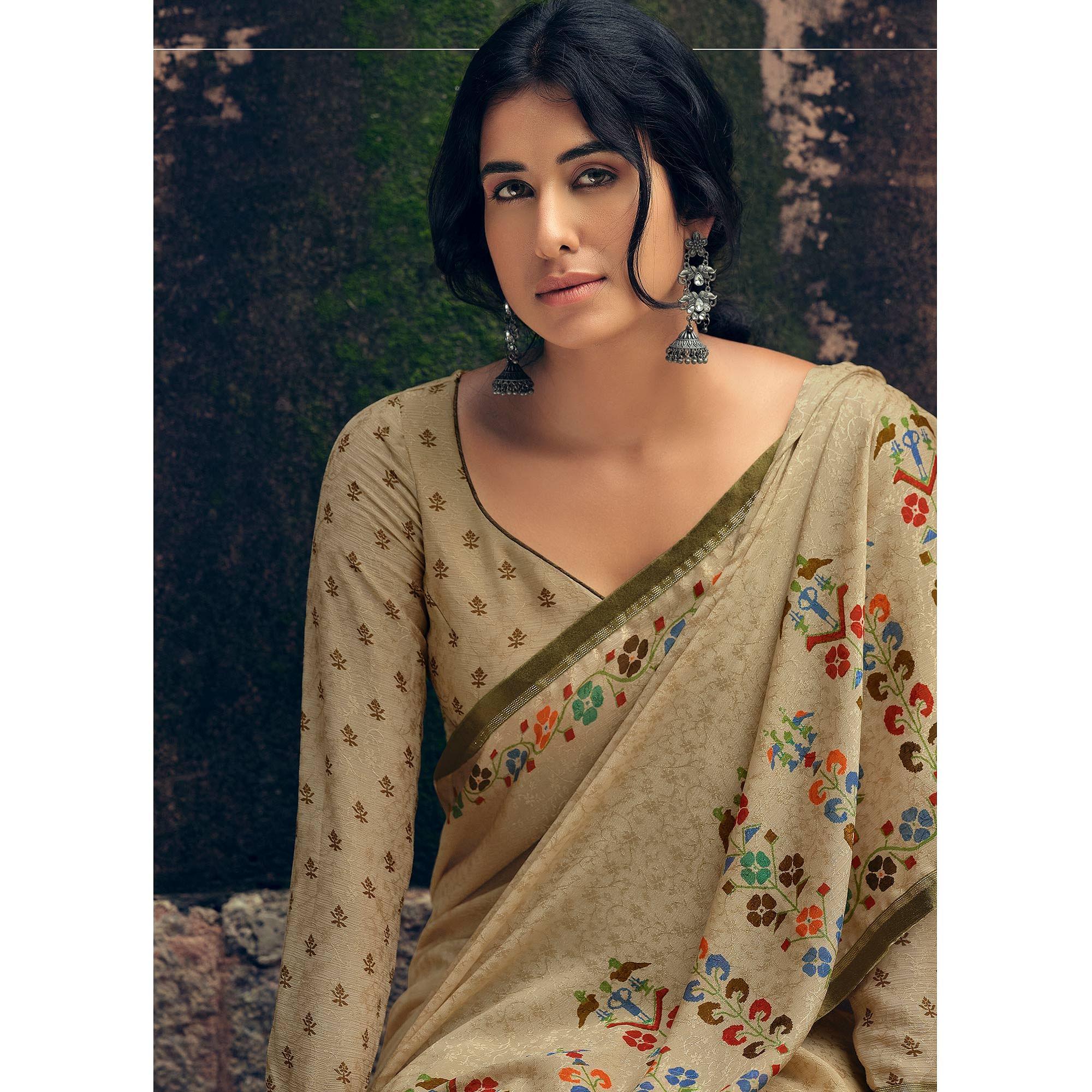 Beige Casual Wear Printed Pure Silk Saree - Peachmode