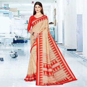 Beige Casual Wear Printed Silk Saree - Peachmode