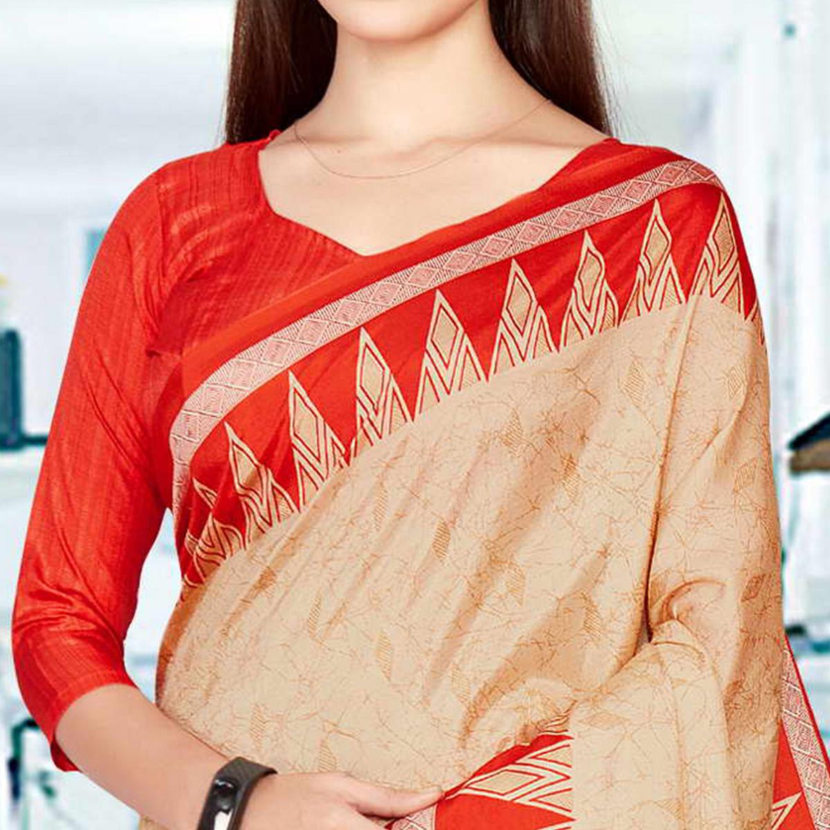 Beige Casual Wear Printed Silk Saree - Peachmode