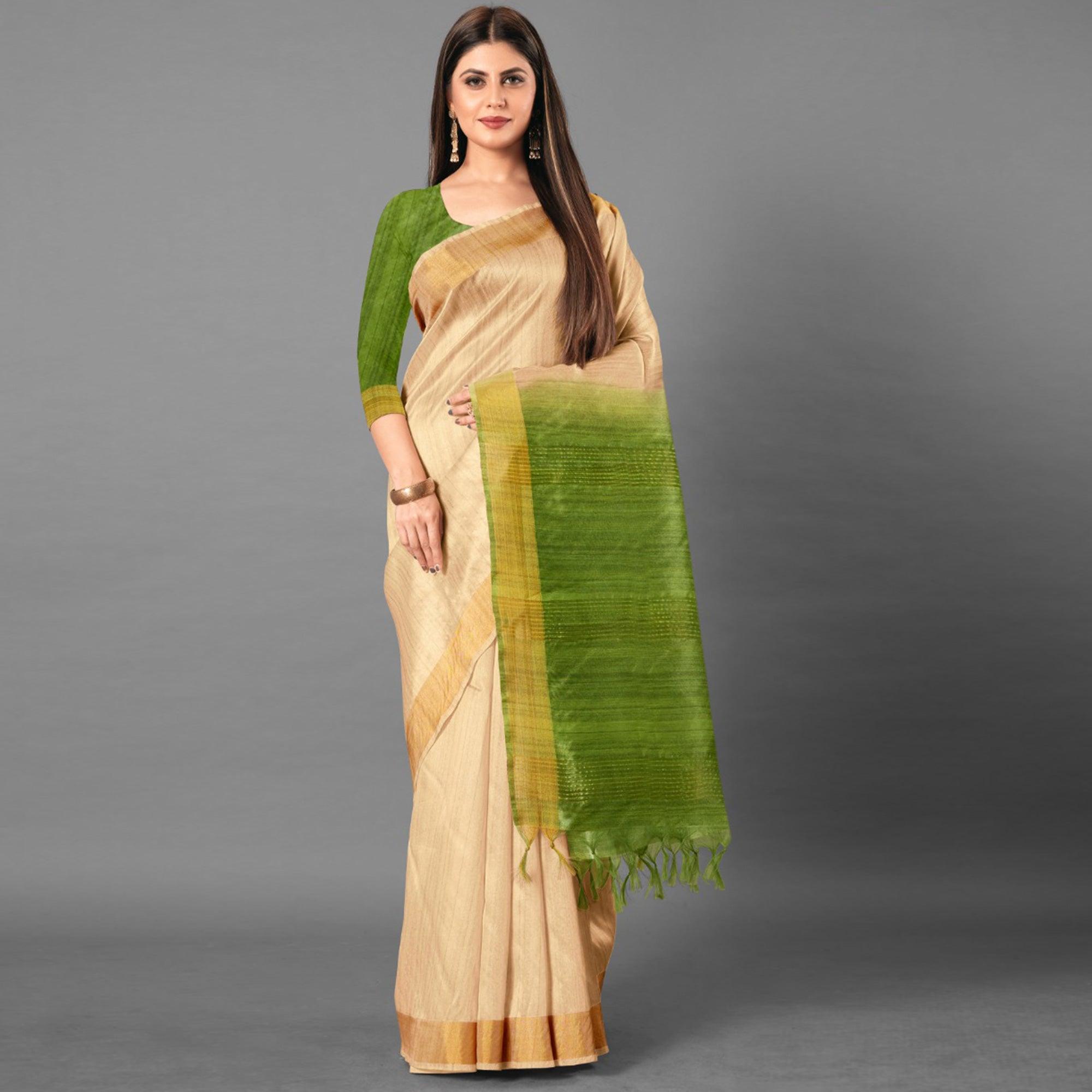 Beige Casual Wear Solid Cotton silk Saree - Peachmode