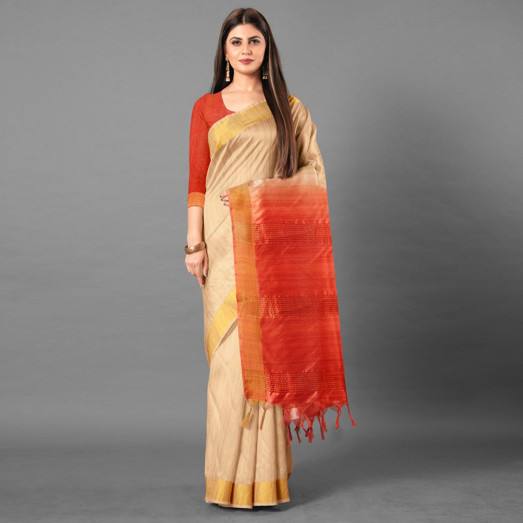 Beige Casual Wear Solid Cotton silk Saree - Peachmode