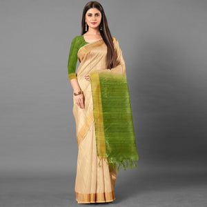 Beige Casual Wear Solid Cotton silk Saree - Peachmode