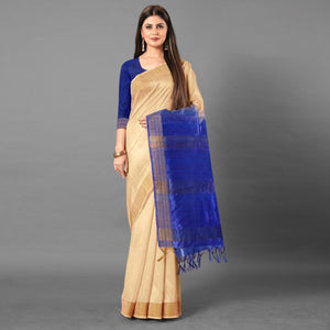 Beige Casual Wear Solid Cotton silk Saree - Peachmode