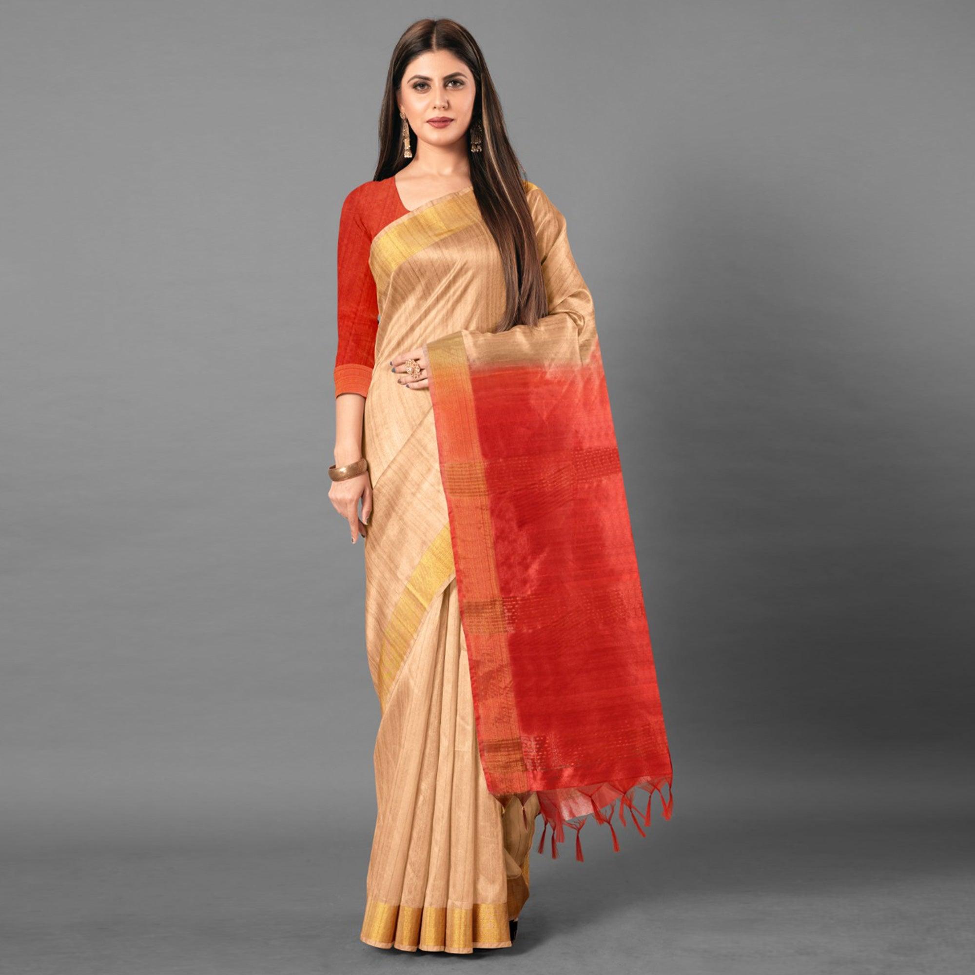 Beige Casual Wear Solid Cotton silk Saree - Peachmode