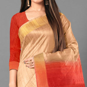 Beige Casual Wear Solid Cotton silk Saree - Peachmode