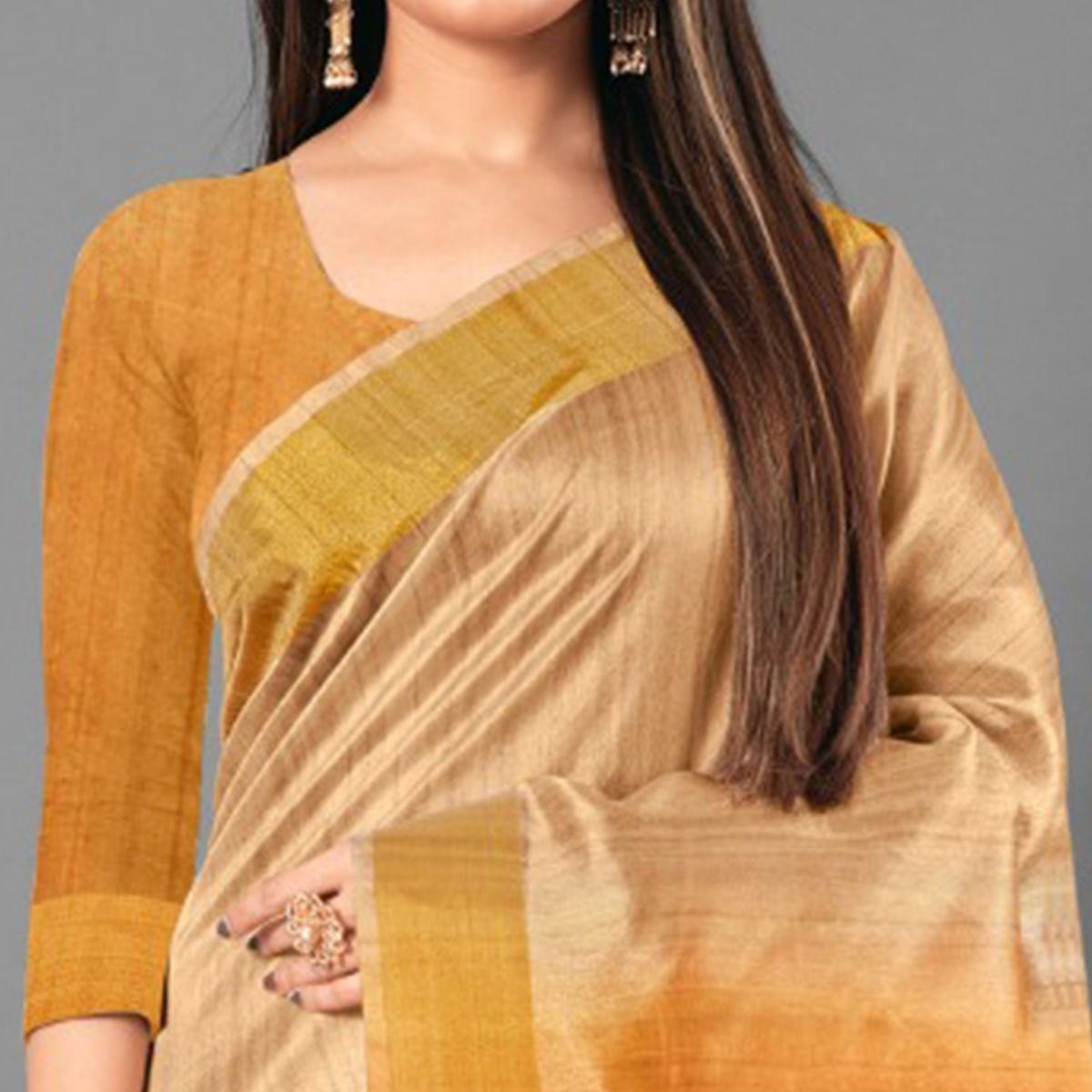 Beige Casual Wear Solid Cotton silk Saree - Peachmode