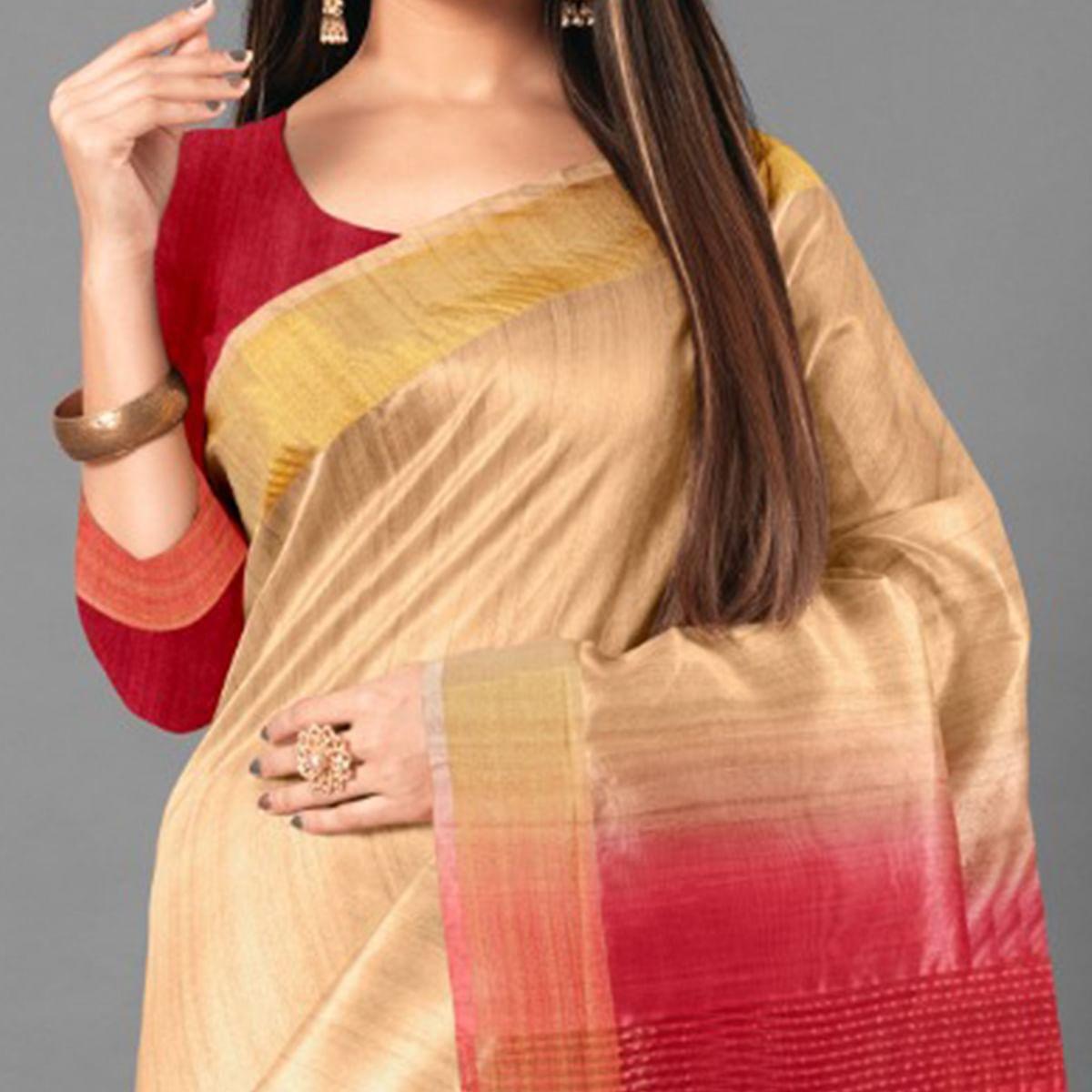 Beige Casual Wear Solid Cotton silk Saree - Peachmode