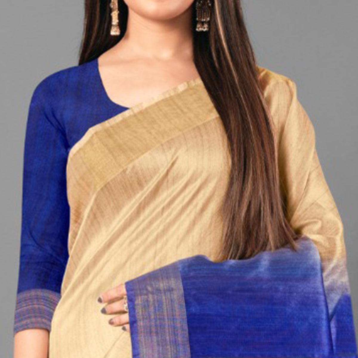 Beige Casual Wear Solid Cotton silk Saree - Peachmode