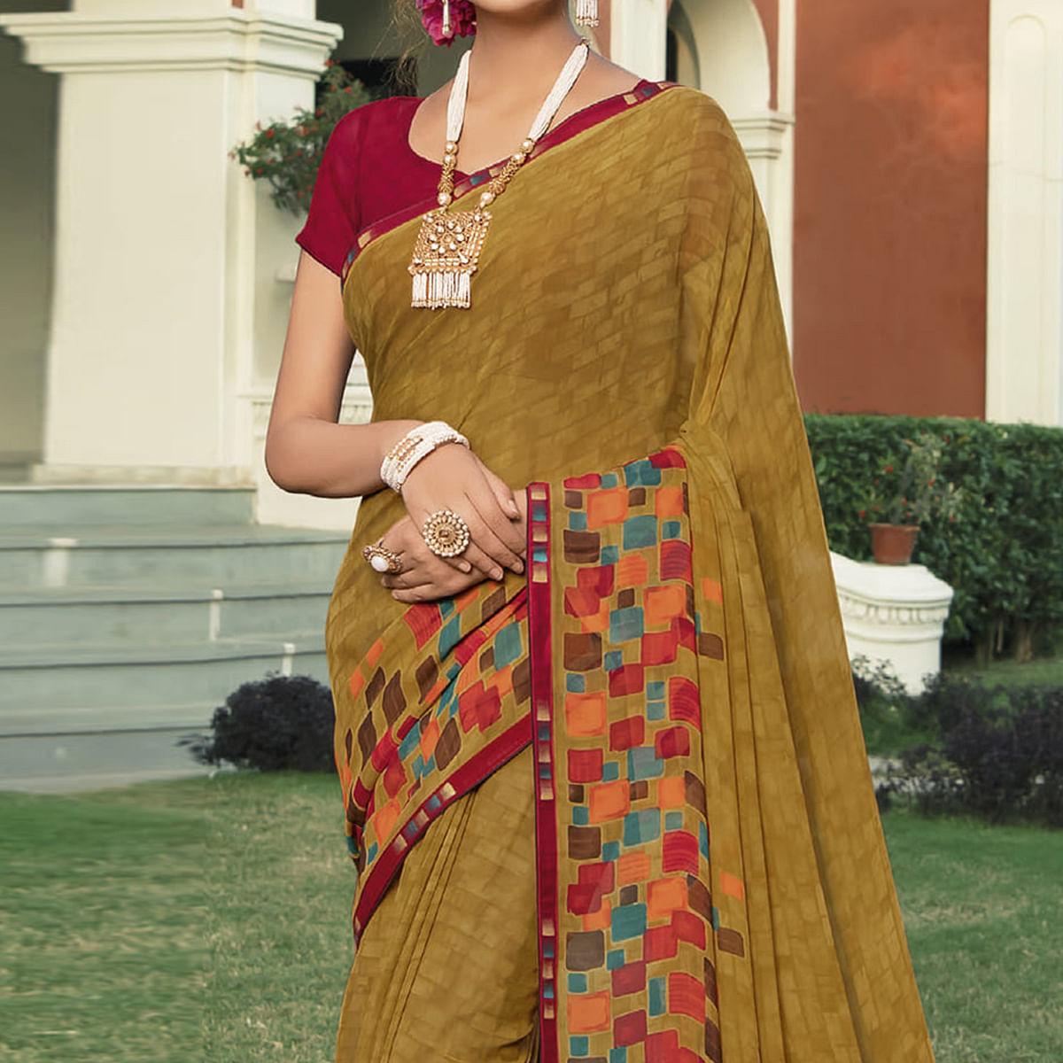 Beige Casual Wear Solid Georgette Saree - Peachmode