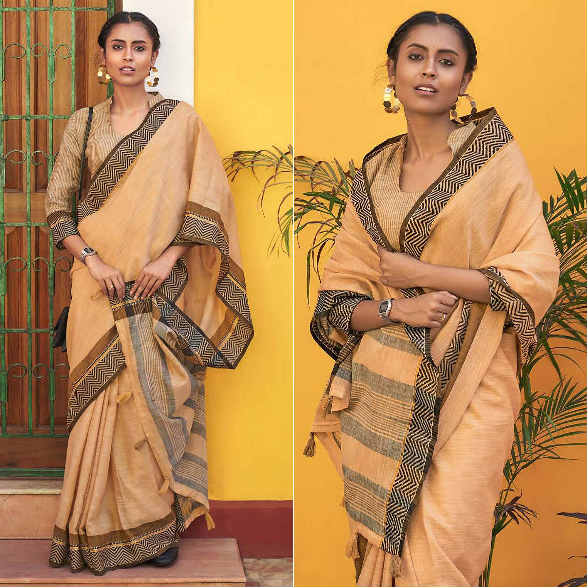 Beige Casual Wear Solid Linen Saree - Peachmode