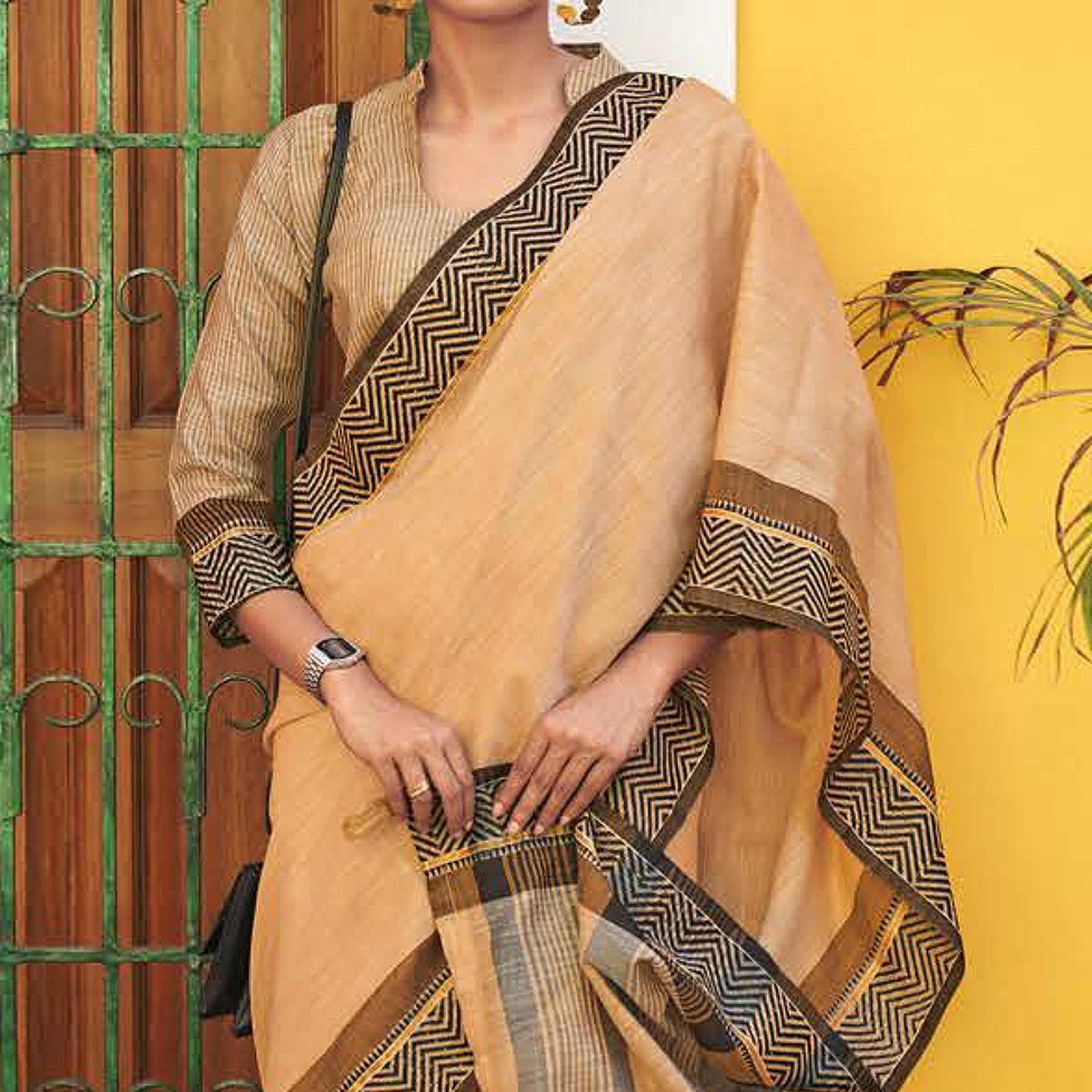 Beige Casual Wear Solid Linen Saree - Peachmode