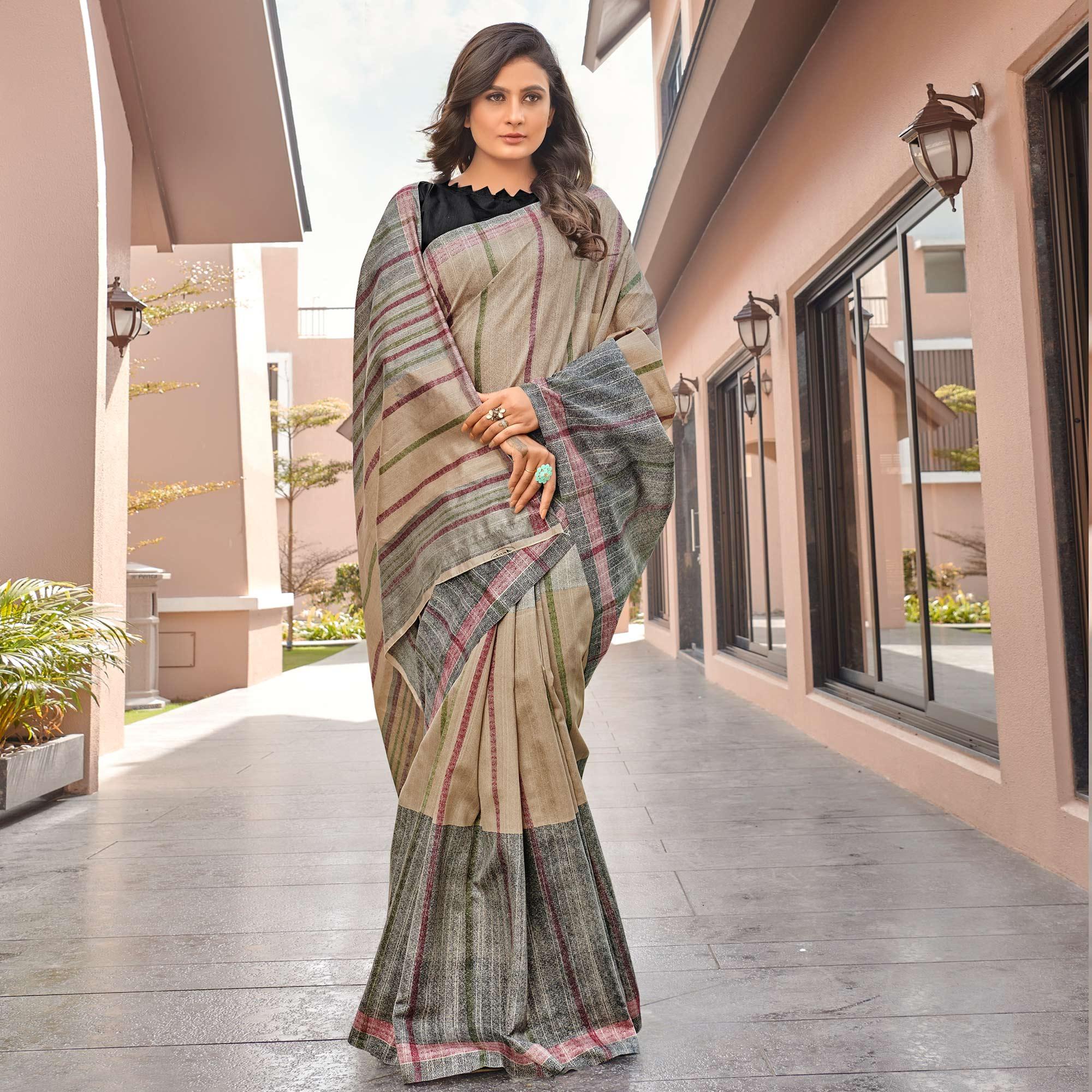 Beige Casual Wear Striped Printed Bhagalpuri Sarees - Peachmode