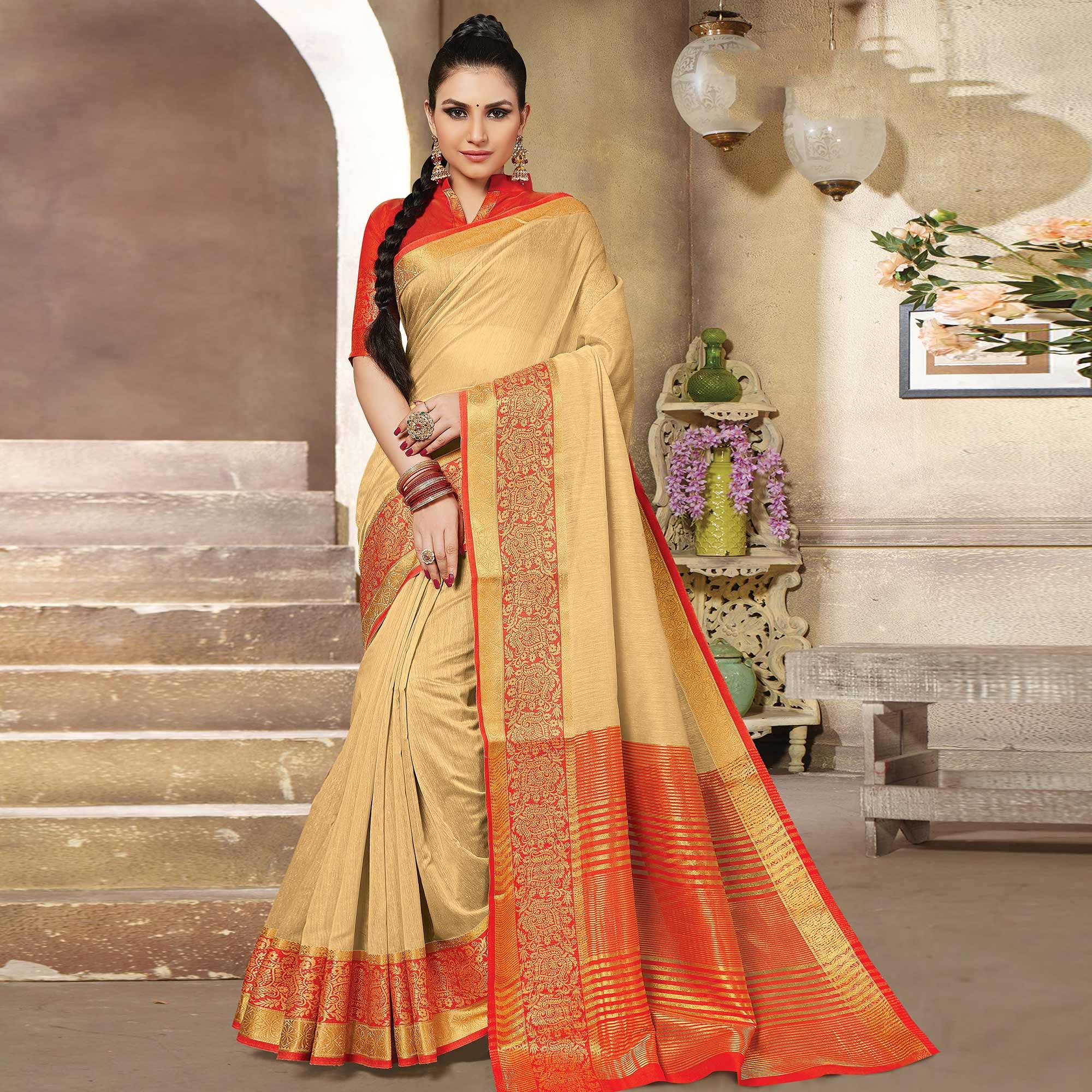 Beige Casual Wear Woven Cotton Handloom Saree - Peachmode
