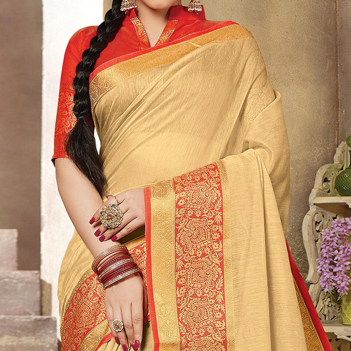 Beige Casual Wear Woven Cotton Handloom Saree - Peachmode