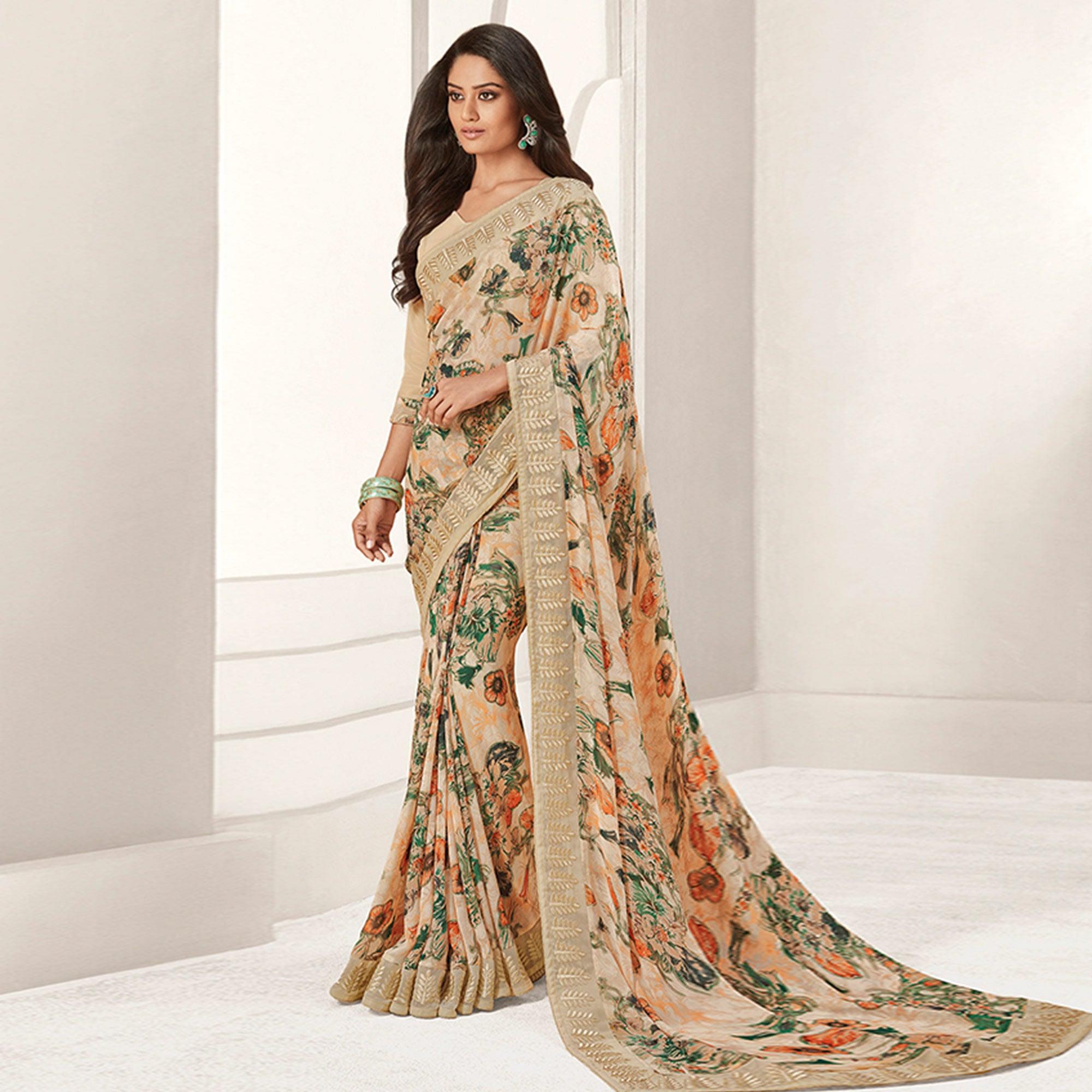 Beige Colored Casual Printed Georgette Saree - Peachmode