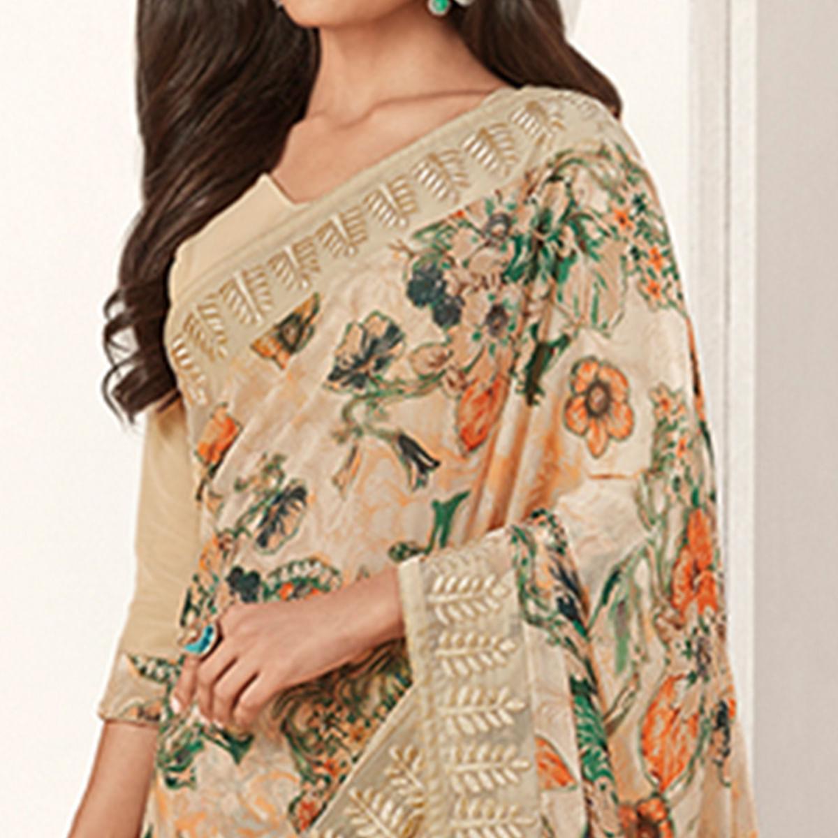 Beige Colored Casual Printed Georgette Saree - Peachmode