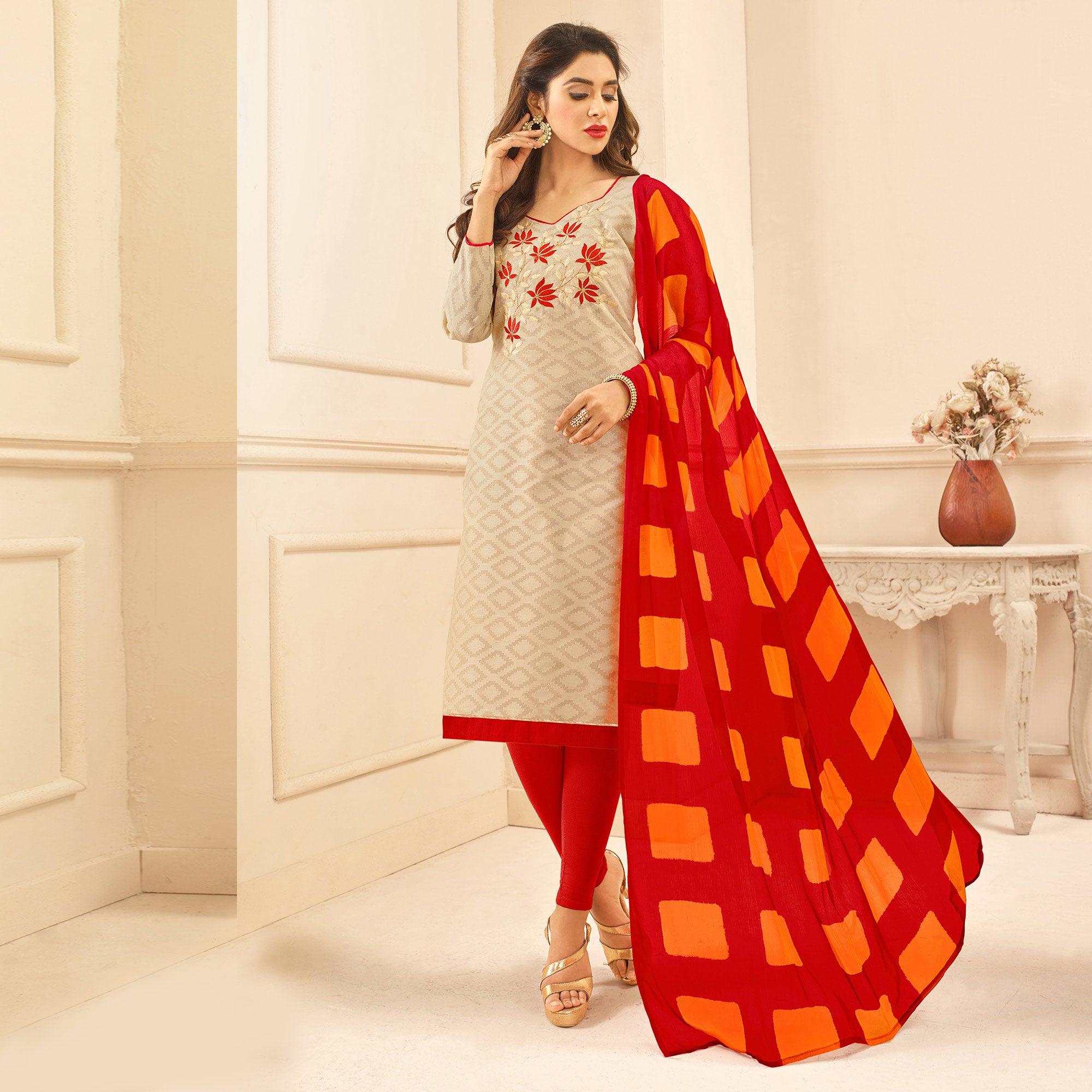 Beige Colored Embroidered Casual Wear Jacquard Suit - Peachmode