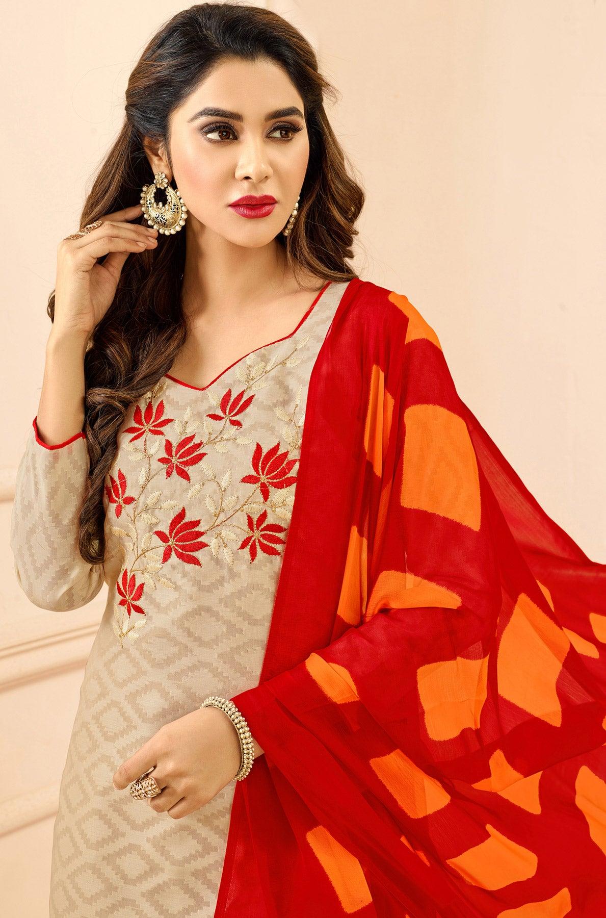 Beige Colored Embroidered Casual Wear Jacquard Suit - Peachmode