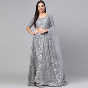 Beige Designer Wedding Wear Thread Zari Work Soft Net Lehenga Choli - Peachmode