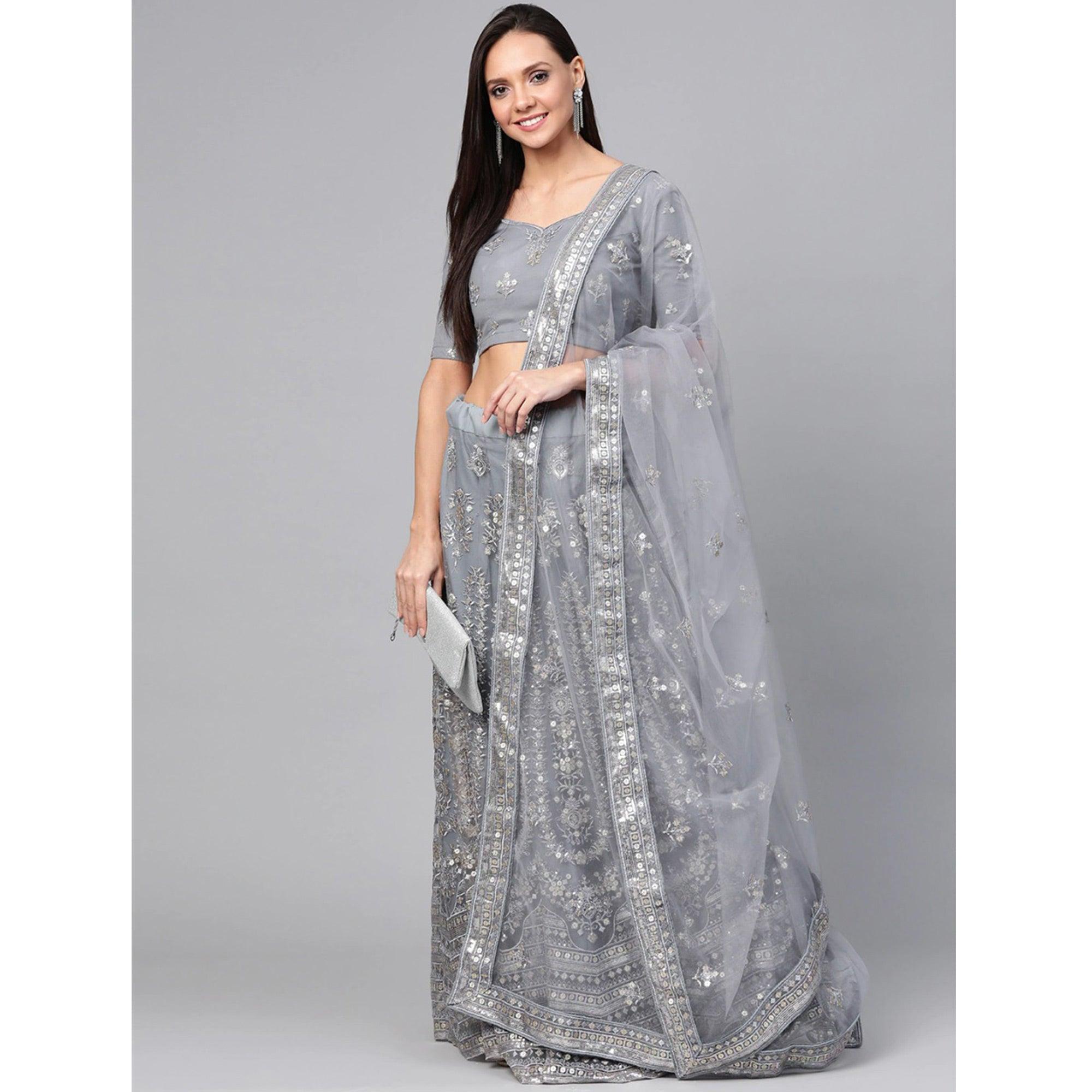 Beige Designer Wedding Wear Thread Zari Work Soft Net Lehenga Choli - Peachmode