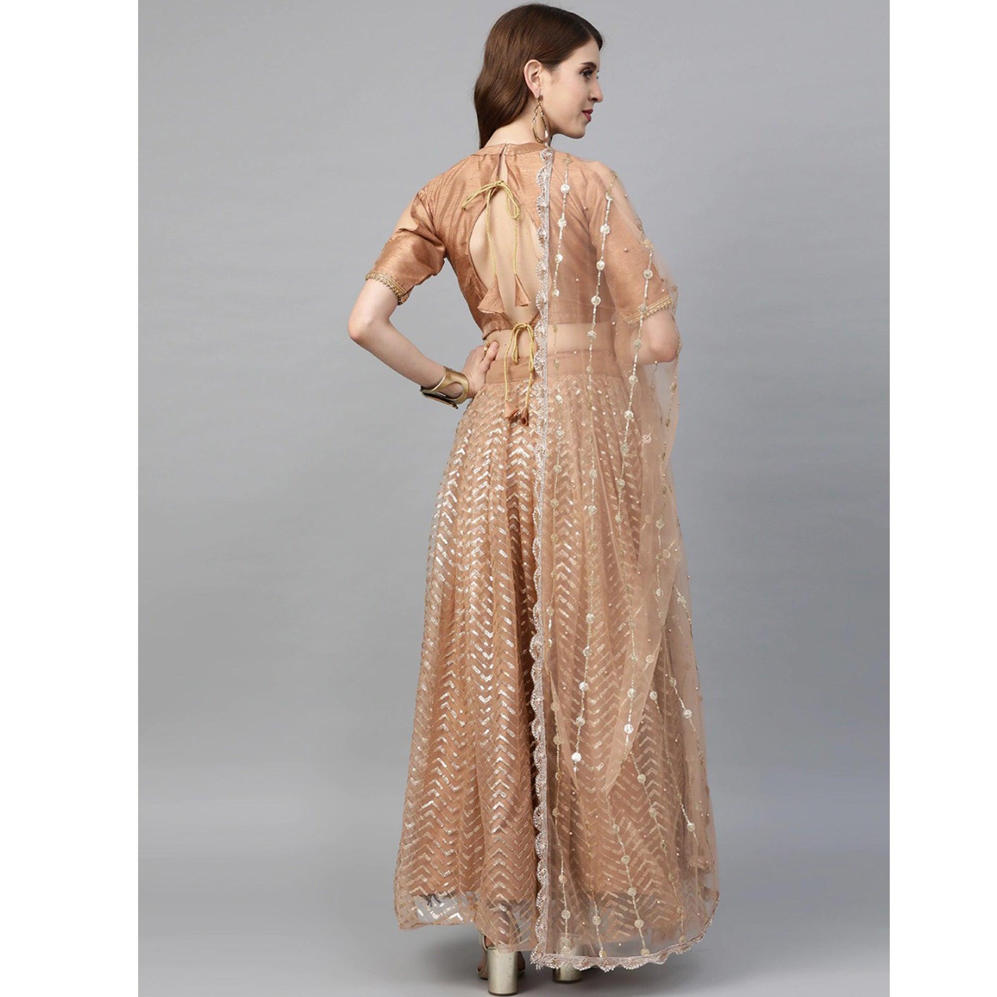 Beige Designer Wedding Wear Thread Zari Work Soft Net Lehenga Choli - Peachmode