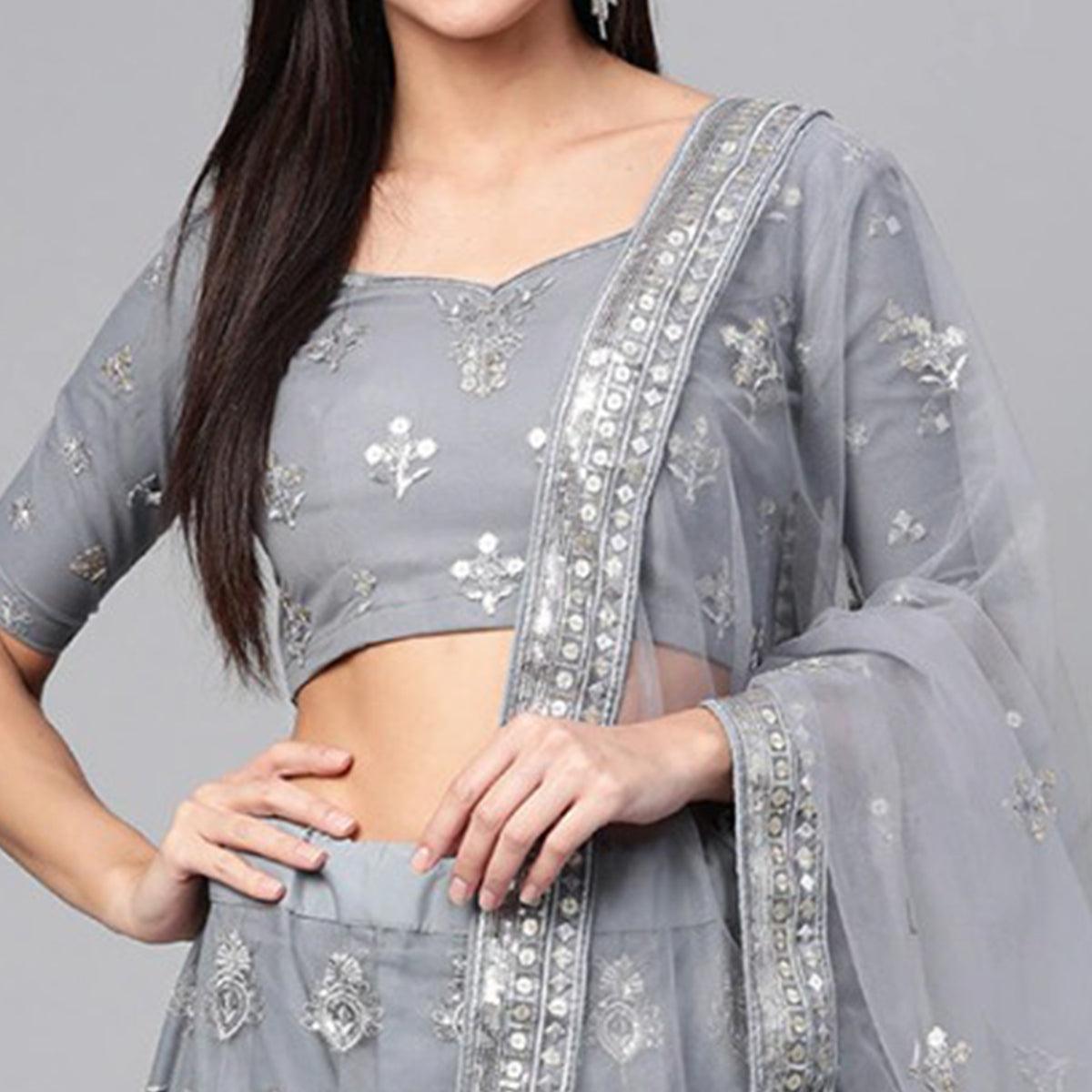 Beige Designer Wedding Wear Thread Zari Work Soft Net Lehenga Choli - Peachmode