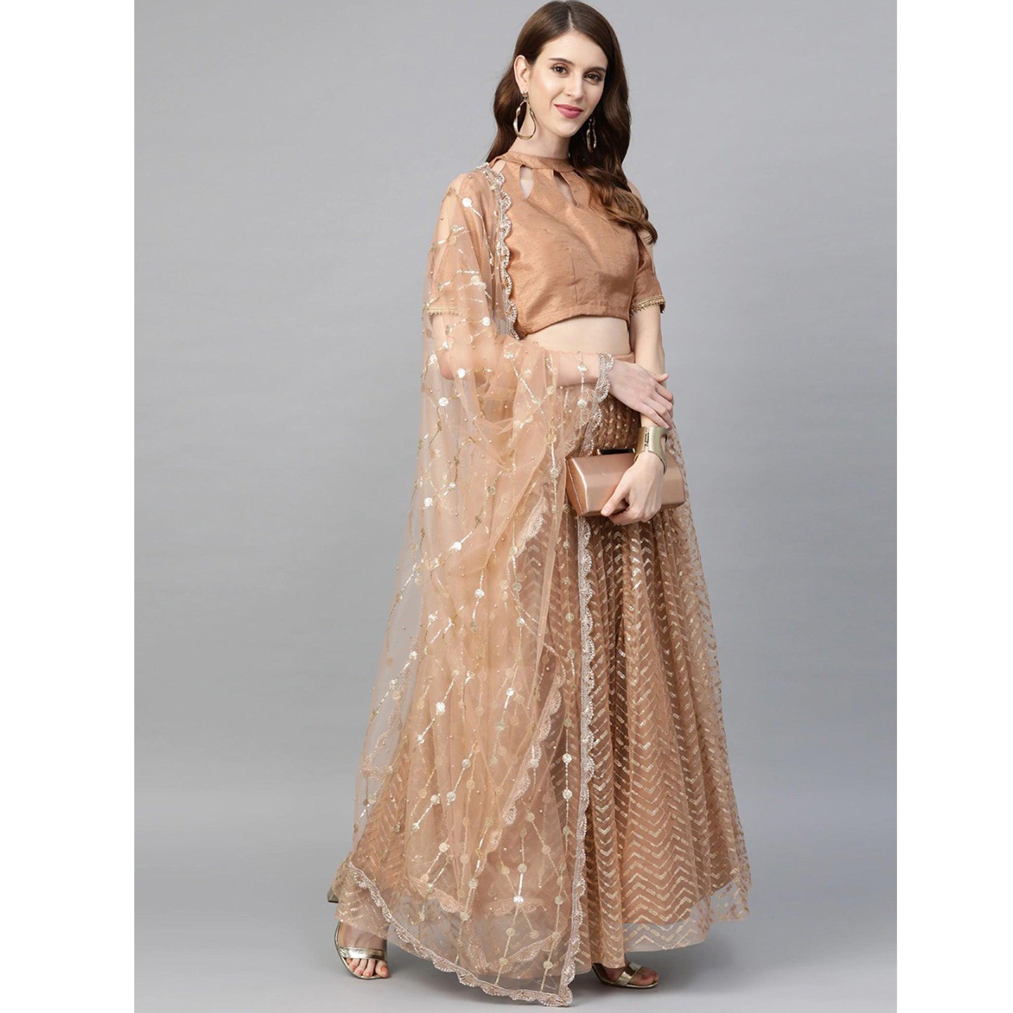 Beige Designer Wedding Wear Thread Zari Work Soft Net Lehenga Choli - Peachmode