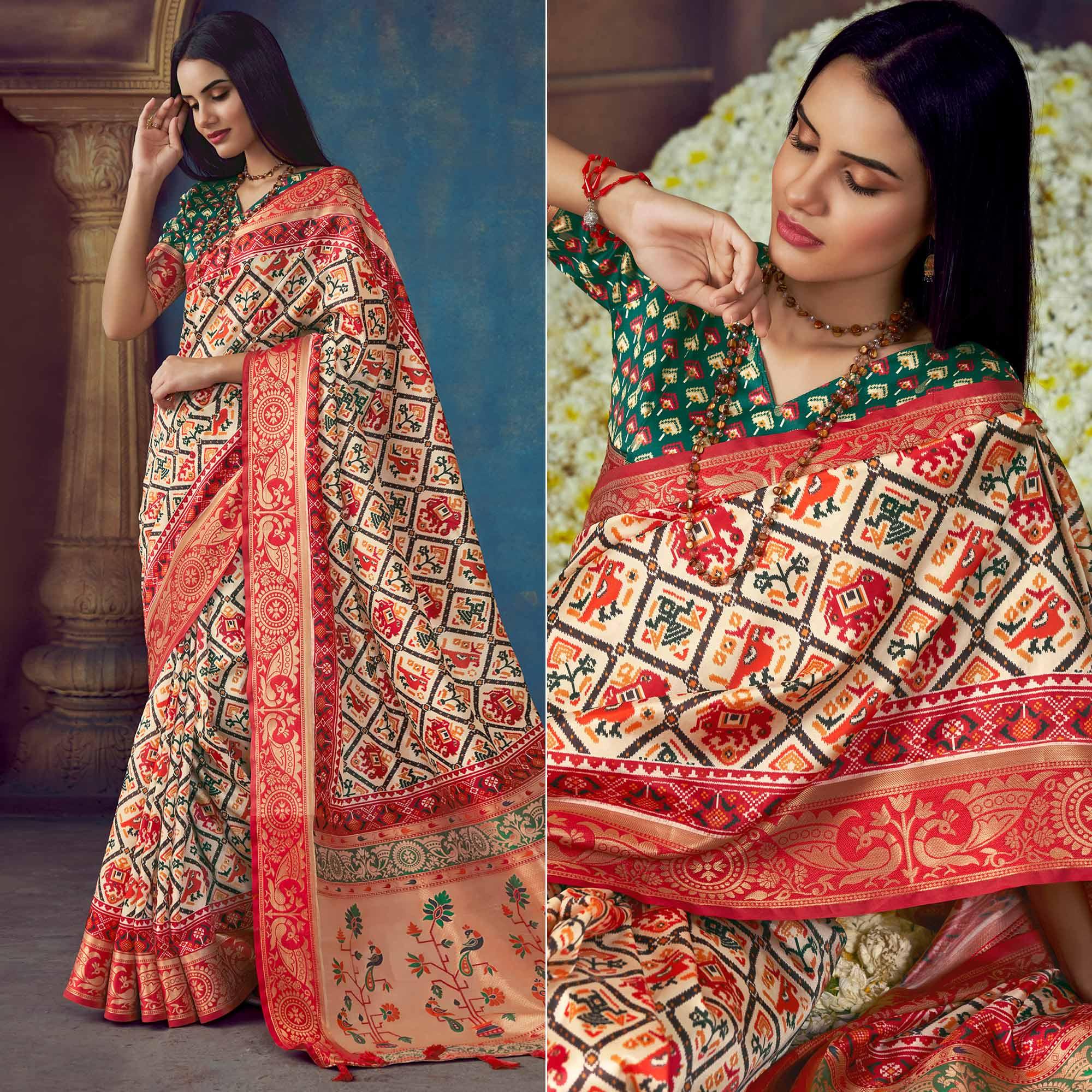 Beige Digital Printed Art Silk Saree With Tassels - Peachmode