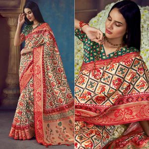 Beige Digital Printed Art Silk Saree With Tassels - Peachmode