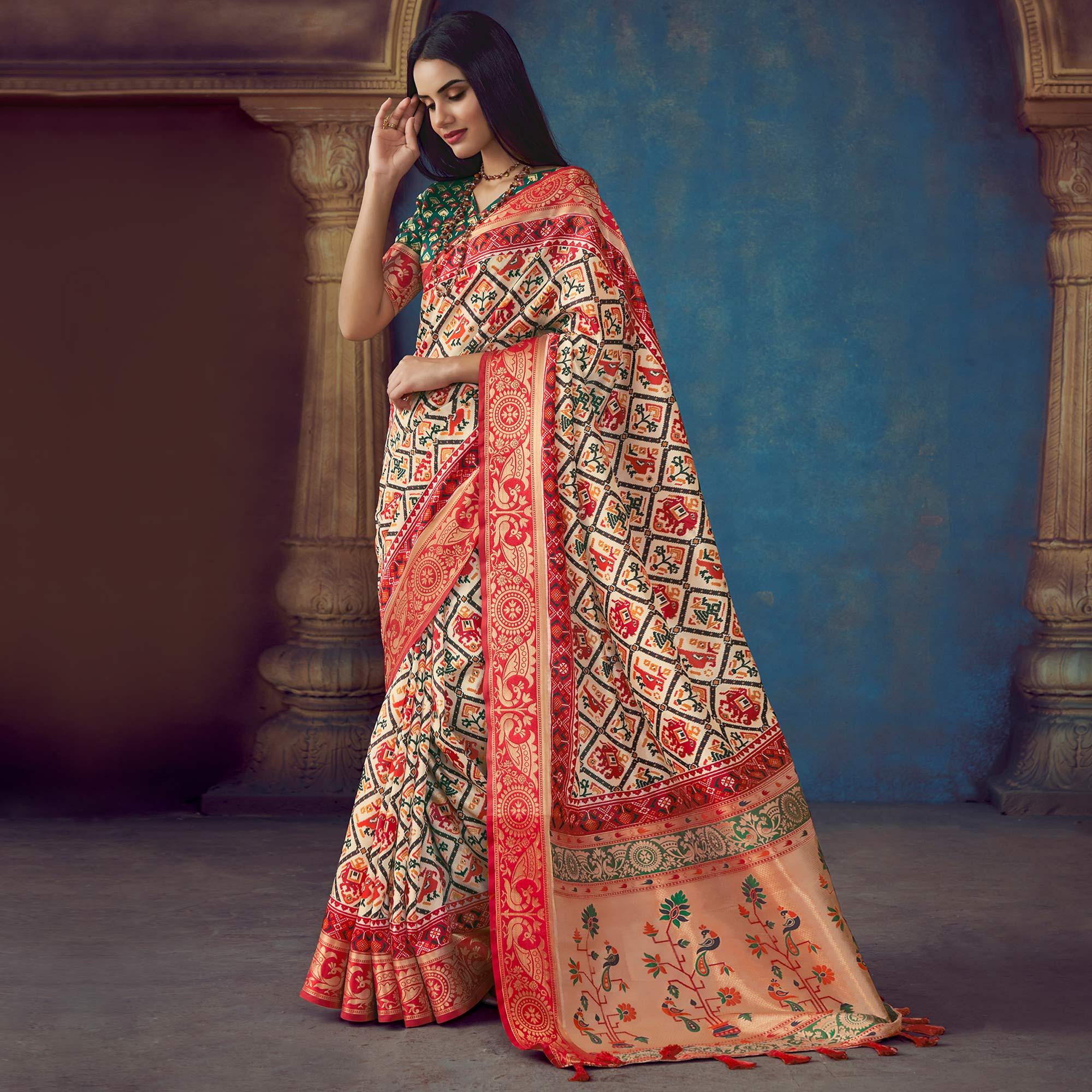 Beige Digital Printed Art Silk Saree With Tassels - Peachmode