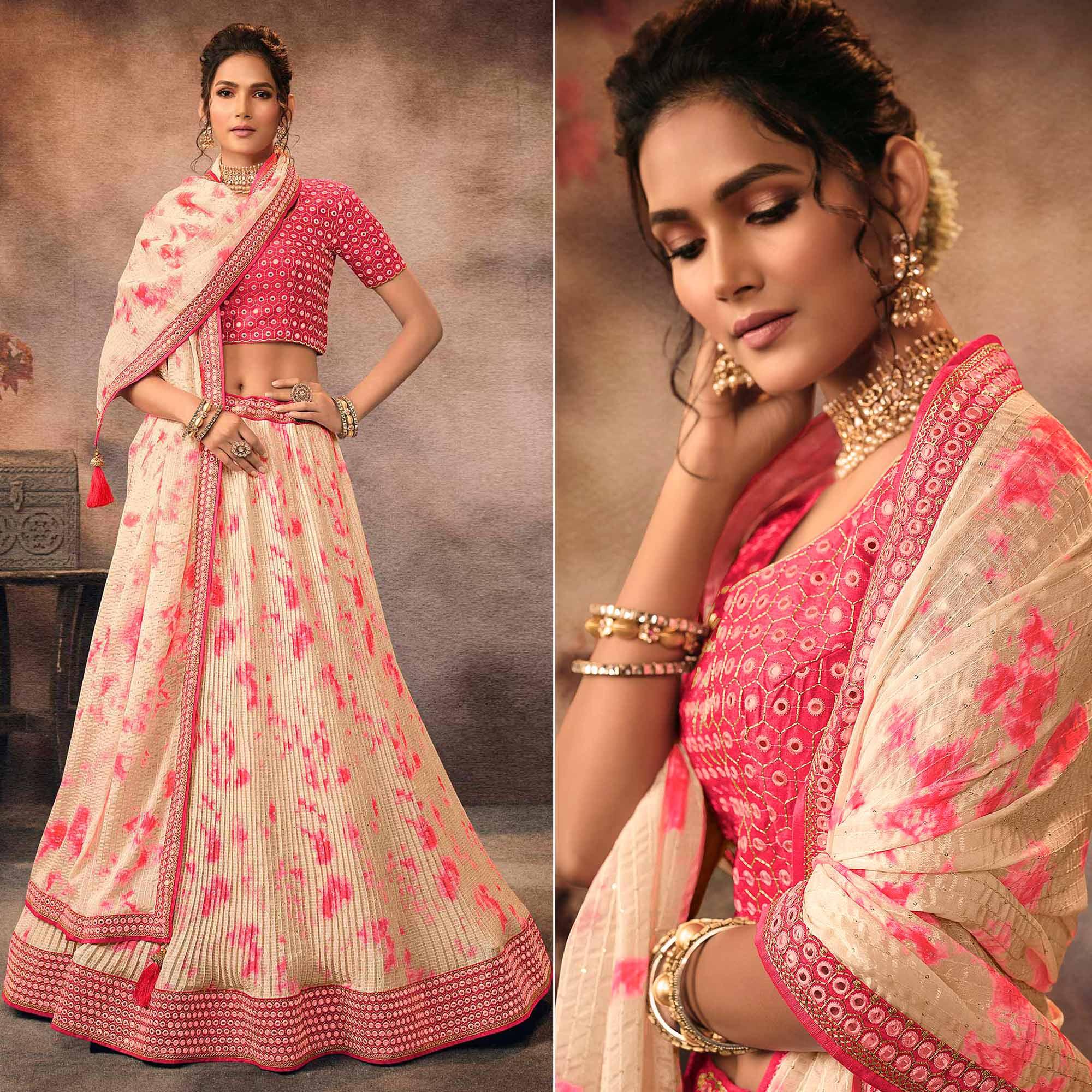 Beige Digital Printed-Embellished Chiffon Lehenga Choli - Peachmode