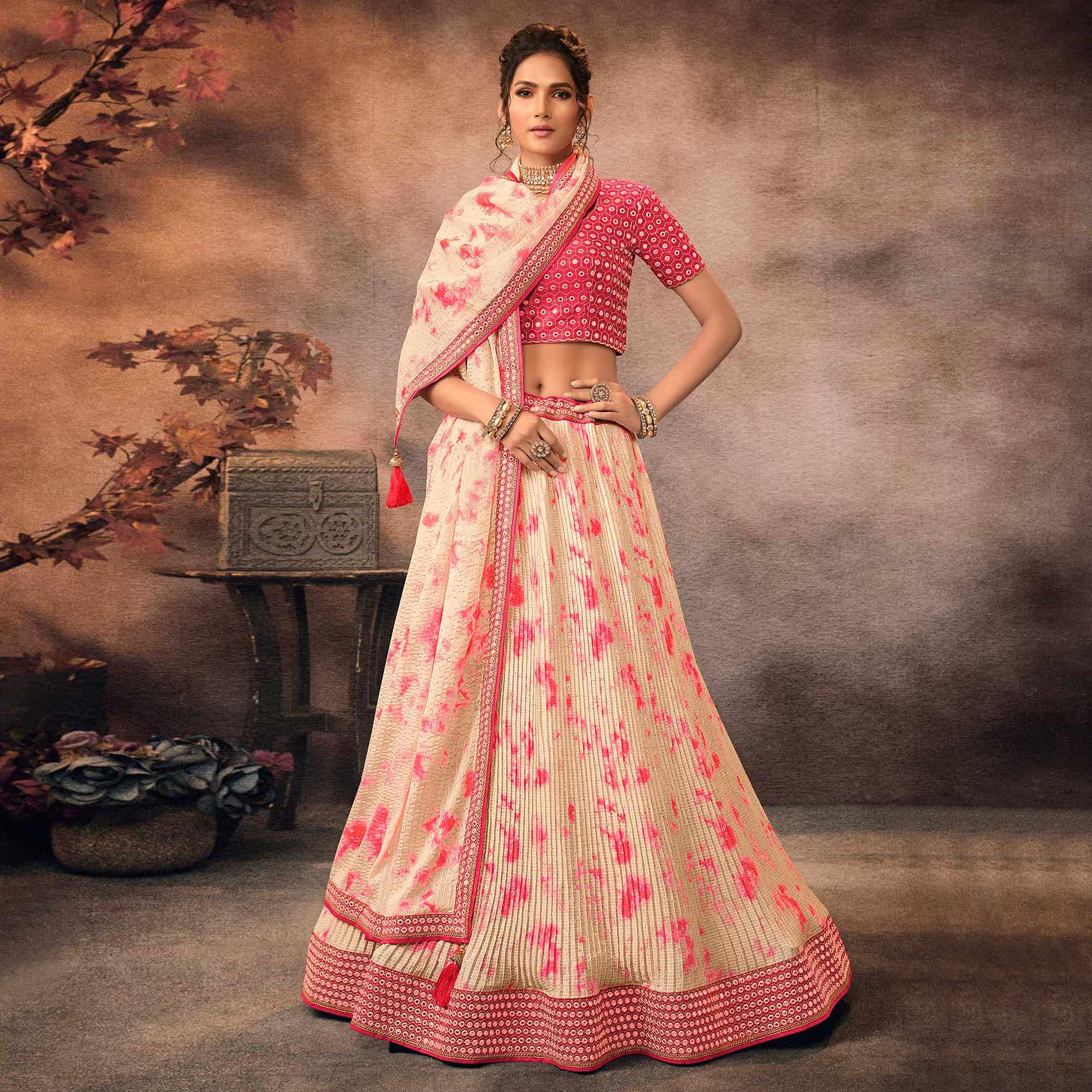 Beige Digital Printed-Embellished Chiffon Lehenga Choli - Peachmode